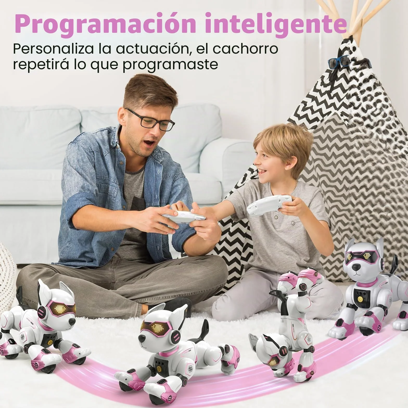 PRANITE Perro Robot para Niños, Perro Robot Programable e Interactivo, Juguete Teledirigido Recargable con Control por Voz y Gestos, Música y Baile, Regalo Ideal para Niños y Niñas