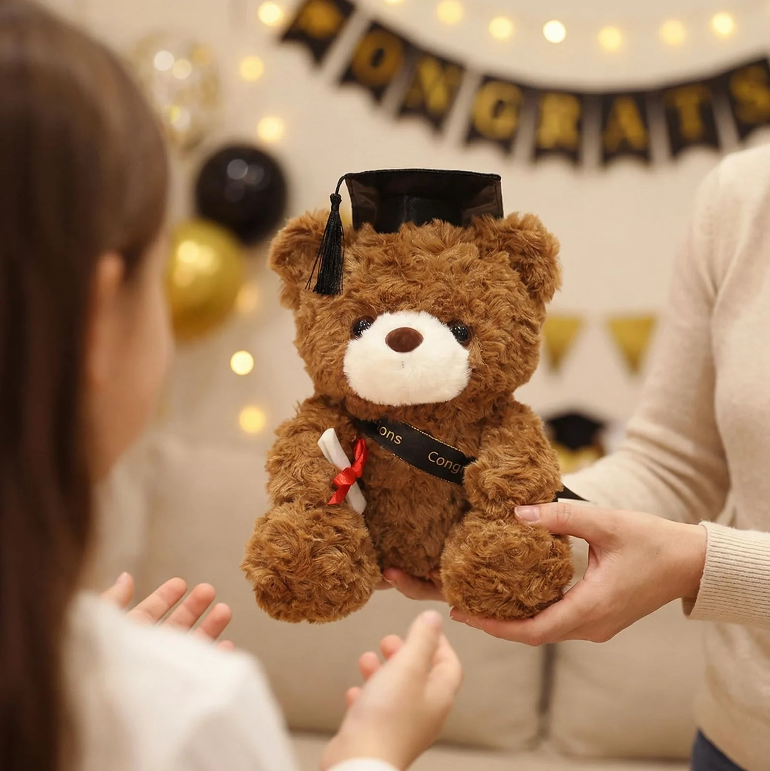 Oso de peluche de graduación con sombrero de doctorado, osito de graduación, regalo de graduación, 23 cm, amuleto de la suerte para graduación (marrón - negro)