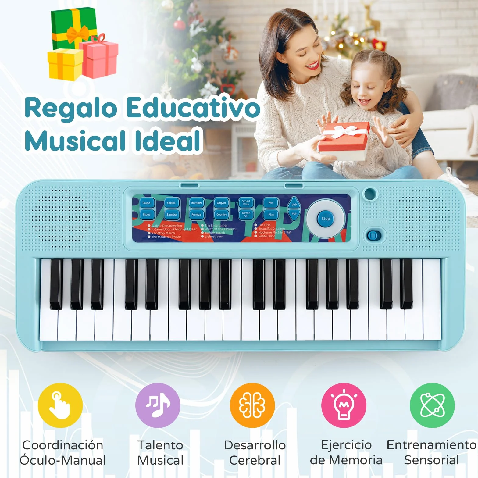 RELAX4LIFE Piano Infantil 37 Teclas con Micrófono, Taburete, Atril, Grabación y Reproducción, Volumen Ajustable, Karaoke Infantil con 22 Canciones, 4 Ritmos, 4 Instrumentos para Niños 3+ Años (Azul)