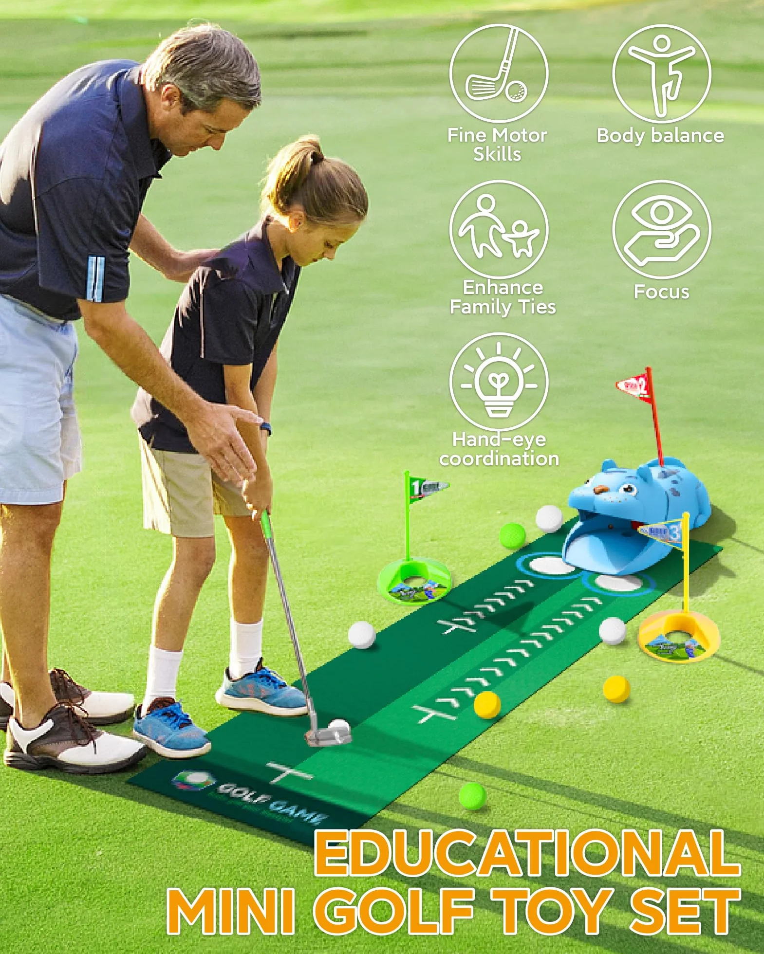 Set de Mini Golf para Niños con Devolvedor Automático de Bolas, Juegos de Golf Interior y Exterior con Pelotas Noctilucent Luminosa LED, 3 Palos Telescópicos, Regalo para Niños y Niñas desde 3 Años
