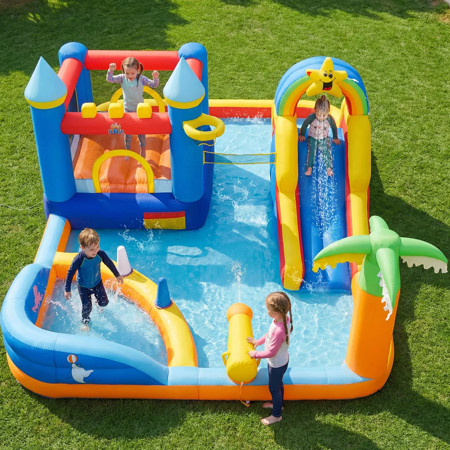 COSTWAY Castillo Hinchable, Parque Infantil con Temática de Playa con Muro de Escalar, Cañón de Agua, Pelotas Oceánicas, Fútbol, Baloncesto, Voleibol, Castillo Inflable al Aire Libre (sin soplador)