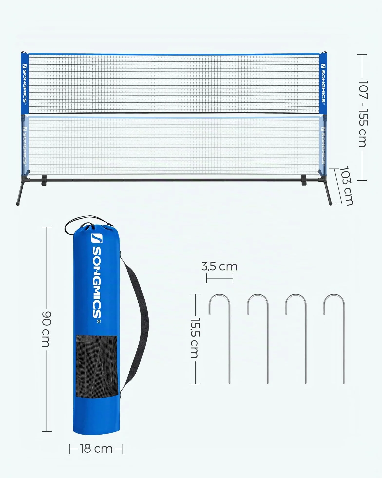 SONGMICS Red de Bádminton 4 m, Voleibol con Postes Ajustables, Portátil para Jardín, Parque, Exterior, Azul SYQ400
