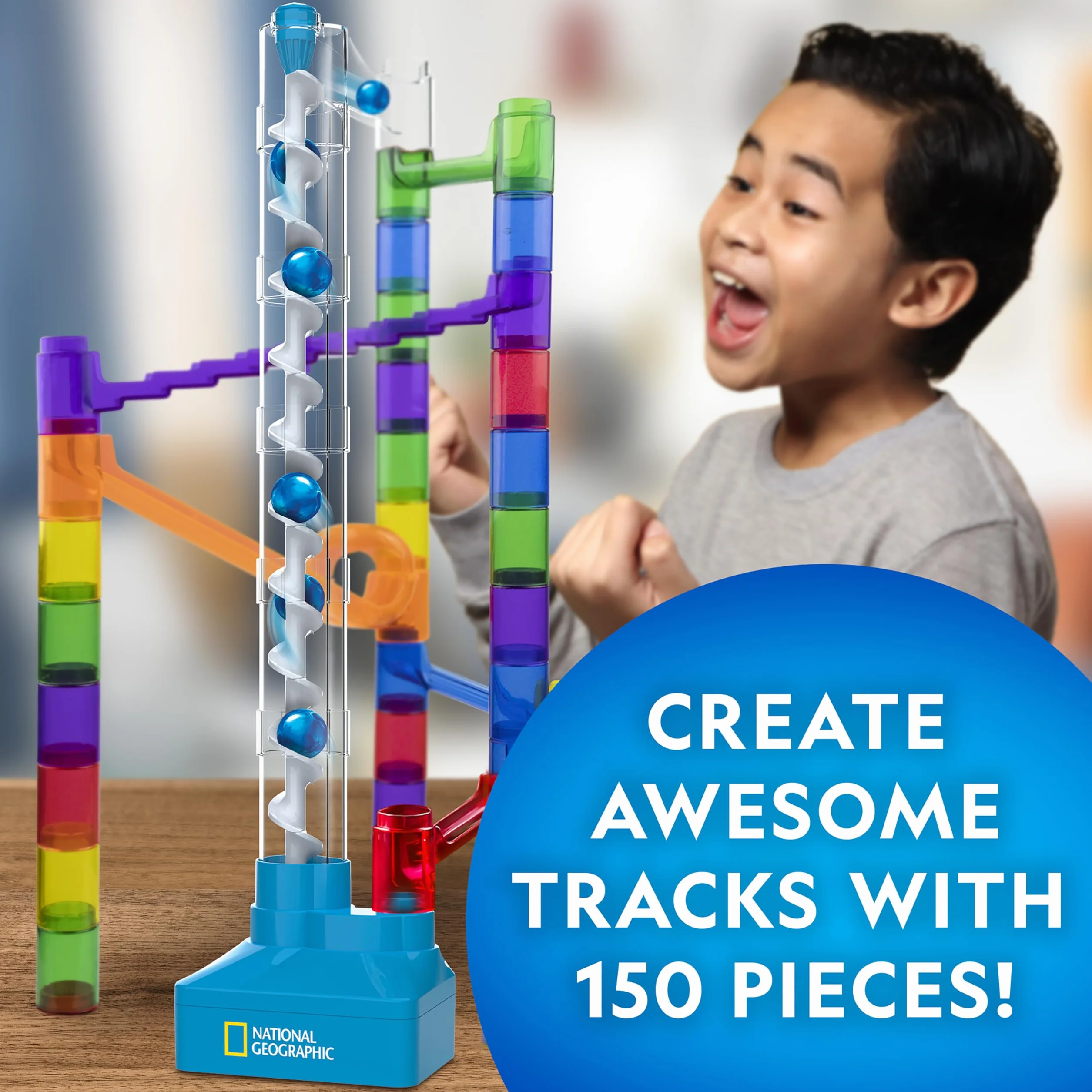 Blue Marble National Geographic Kit de Canicas con Elevador Motorizado - Set de 150 Piezas con Espiral, 30 Canicas, Bolsa de Almacenamiento, Máquina de Movimiento Perpetuo, Juego para Niños