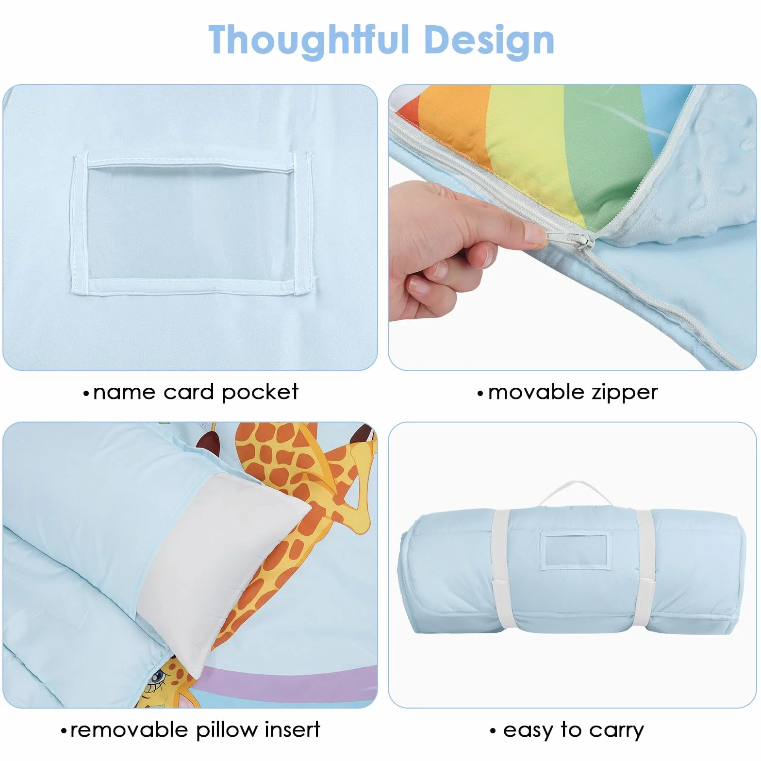 Saco de Dormir para Niños con Almohada y Manta Extra Gruesa Grande 2 en 1, Alfombrilla de Siesta para Niñas y Niños, Bolsa de Dormir Bebés para Preescolar Viajes Camping, Arco Iris Animal