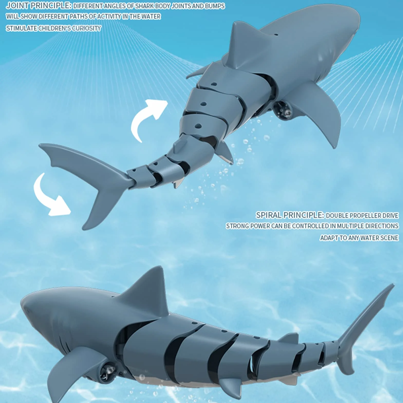 Juguete tiburón teledirigido 2.4G RC Simulación tiburón Juguetes de buceo Juguetes acuáticos teledirigidos recargables por USB Juguete flotante para niños (Azul)