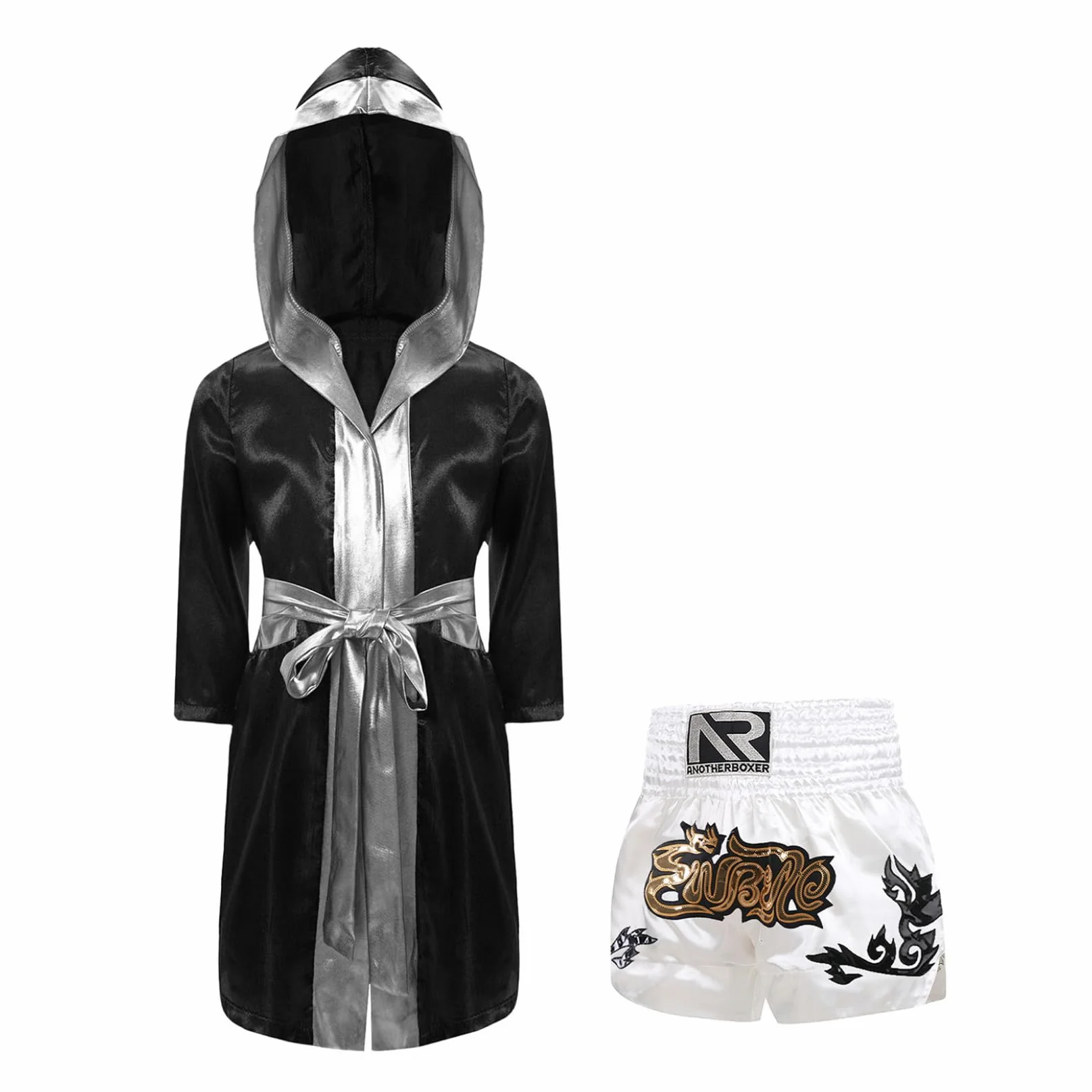 Conjunto de pantalones cortos de boxeo para niño, bata de entrenamiento boxing MMA Muay Thai 5-16 años Negro Plata Blanco