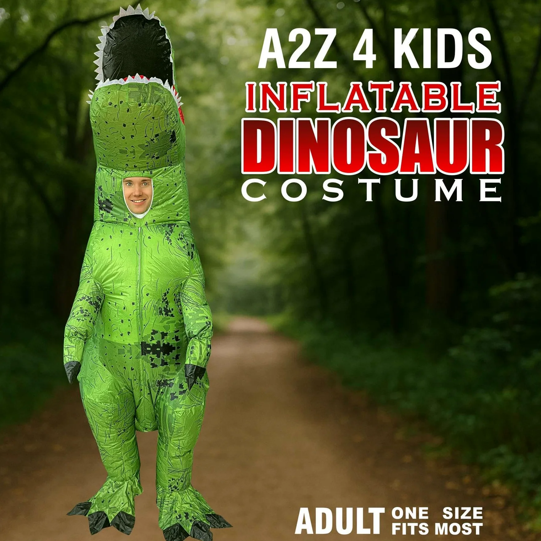 A2Z Disfraz inflable de dinosaurio para adultos con ventilador y caja de batería, divertido disfraz de T-Rex verde para hombres y mujeres, fiestas de Halloween, festivales, cosplay, carnavales, talla