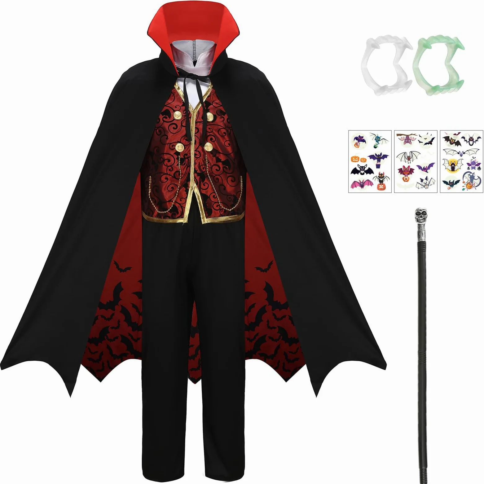 Disfraz de vampiro para niños, disfraz gótico de Halloween con accesorios de lujo, bastón que brilla en la oscuridad, dientes CA002XS