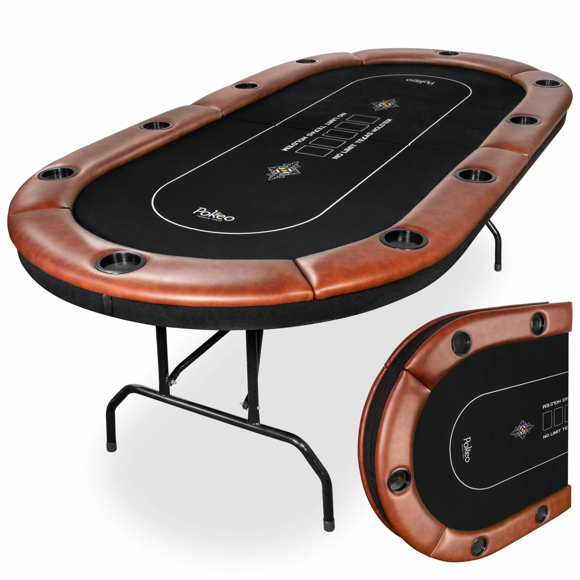 Mesa de Póker Plegable para 10 Jugadores – Tapete Negro – Compacta – Apoyabrazos PU Marrón – 10 Portavasos – Texas Hold'em Blackjack