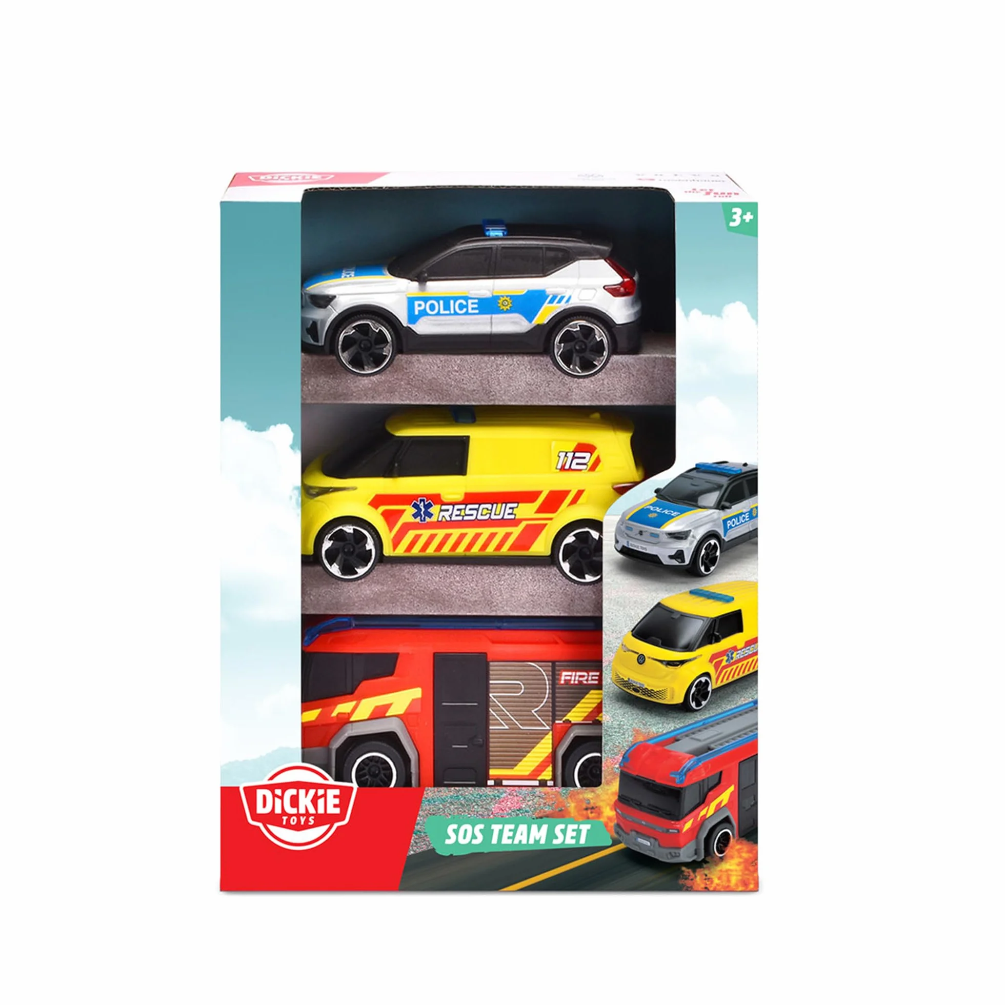 Dickie Equipo SOS 16CM. Set de emergencias; Ambulancia, Bomberos y policia. A Partir de 3 años (203712028038)