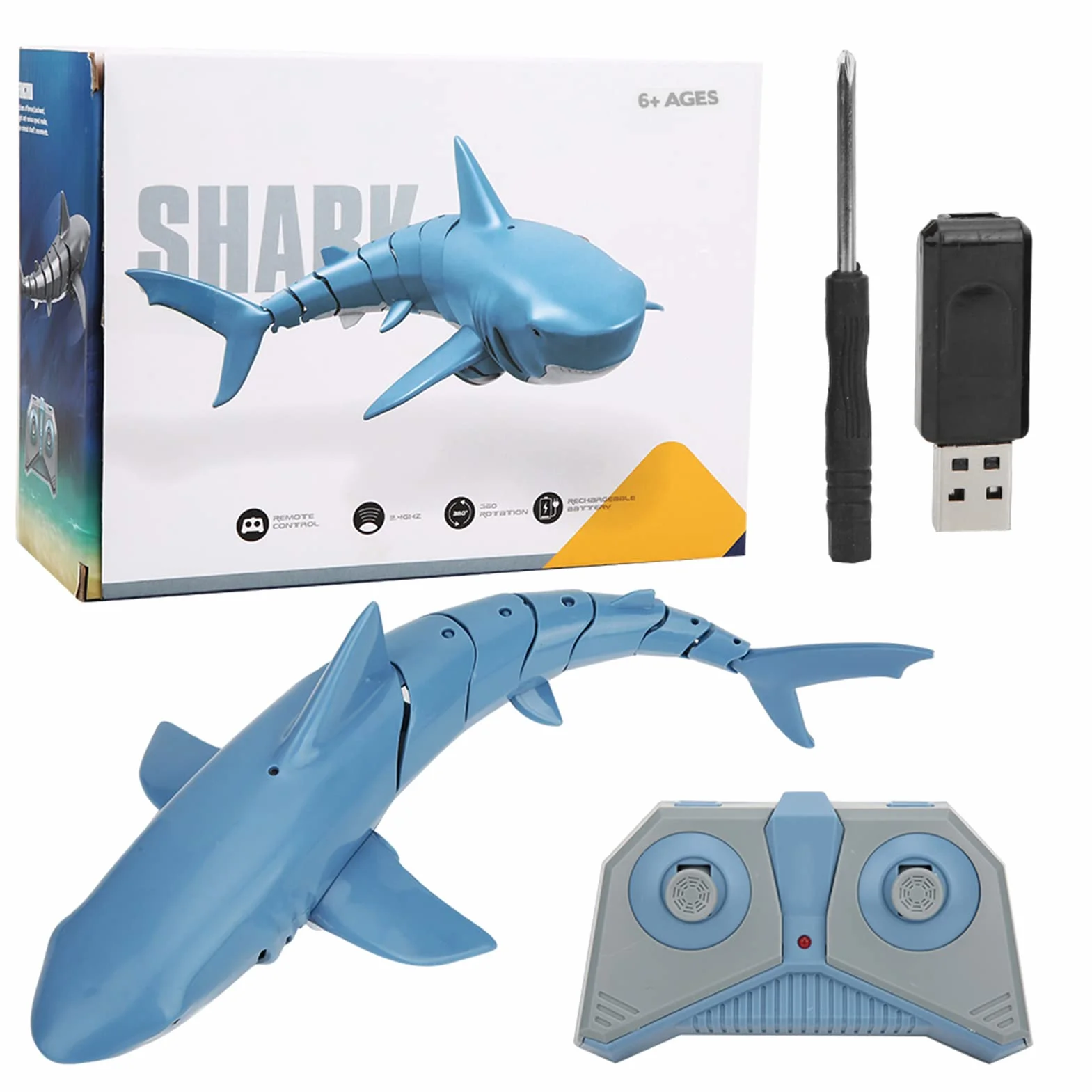 Juguete tiburón teledirigido 2.4G RC Simulación tiburón Juguetes de buceo Juguetes acuáticos teledirigidos recargables por USB Juguete flotante para niños (Azul)