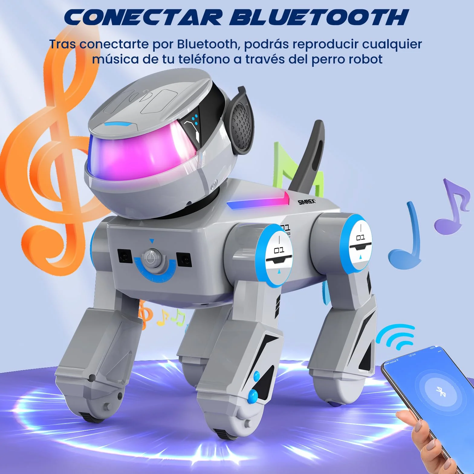 SIMREX Robot Perro Juguete Inteligente Interactivo con Sensor Táctil Control Remoto Bluetooth Ojos LED Gris