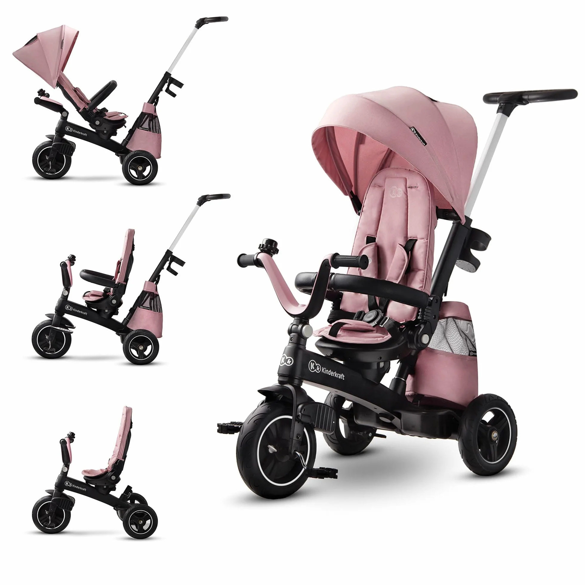Kinderkraft EASYTWIST Triciclo Infantil, con Accesorios, Ventana de Techo, Cinturones de Seguridad, rotación de 360 Grados, Rueda Libre, Barra de Empuje, a Partir de 9 Meses hasta 5 años, Rosa