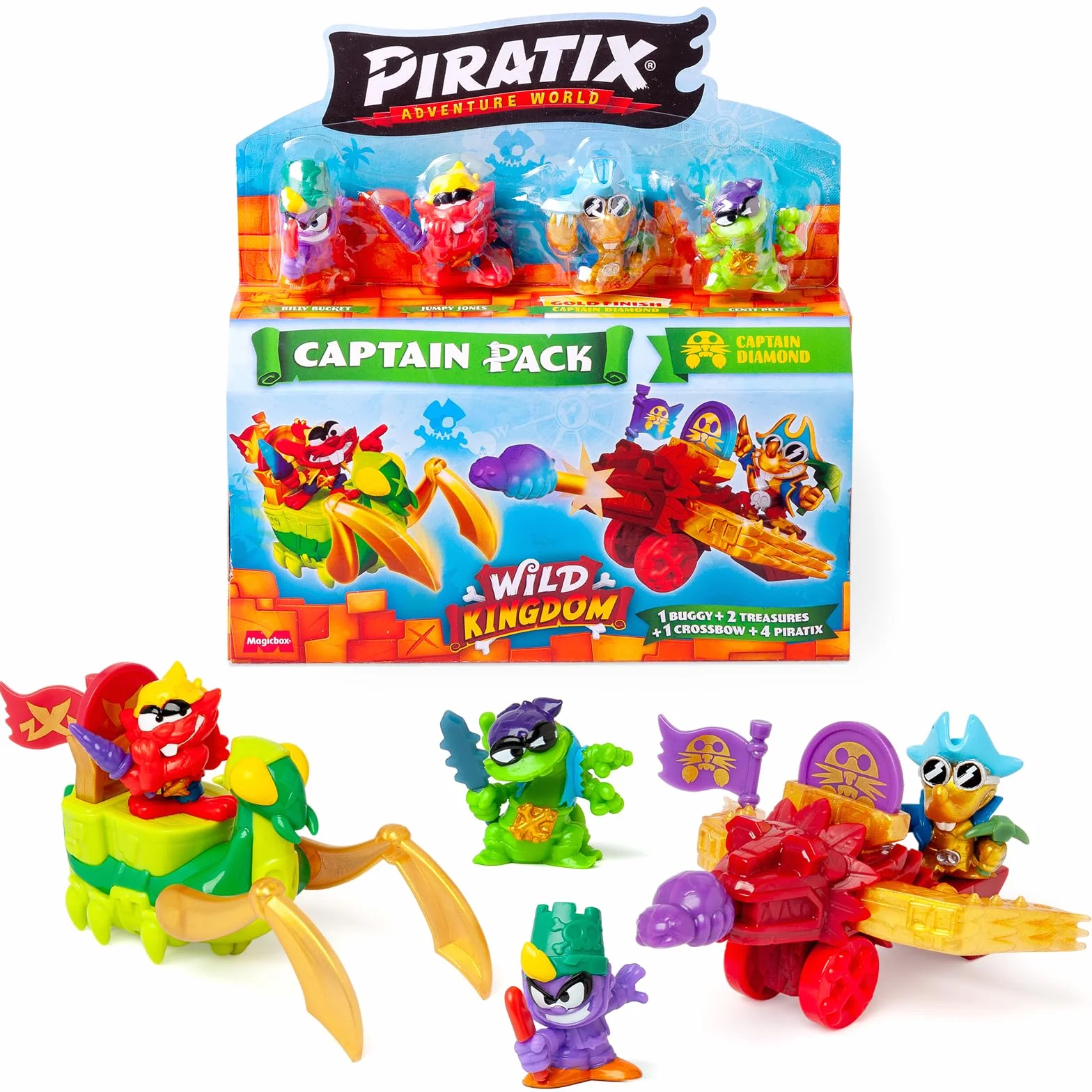 PIRATIX Adventure World Serie Wild Kingdom, Captain Pack Diamond – Incluye 4 Piratix, 1 capitán Dorado, 4 Accesorios ‘Color Change’, 1 Buggy, 1 Ballesta, 2 Tesoros exclusivos, 2 Banderas. Pack 1/6