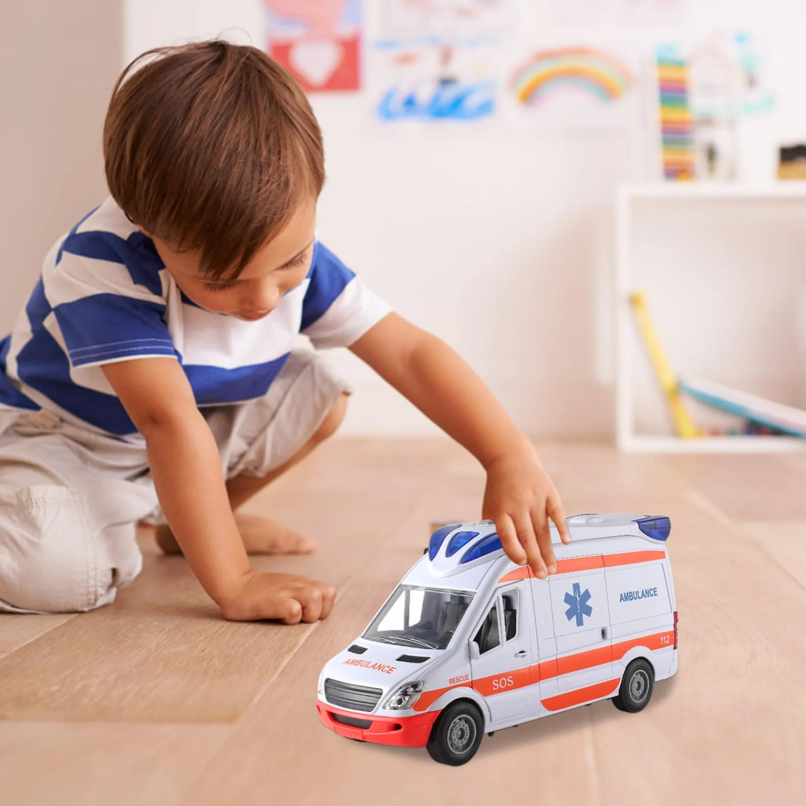 1pc Ambulance Juguete con Luces y Sonidos simulación Ambulancia de Juguete de batería con 5 Puertas Abiertas Vehículo de Juguete de inercia para niños Antimitaciones de 3+ cumpleaños