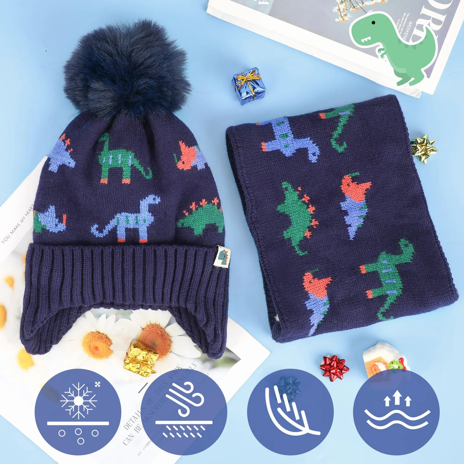 Conjunto de Gorro y Bufanda de Punto Invierno para Niños, Dinosaurio, 2-6 años