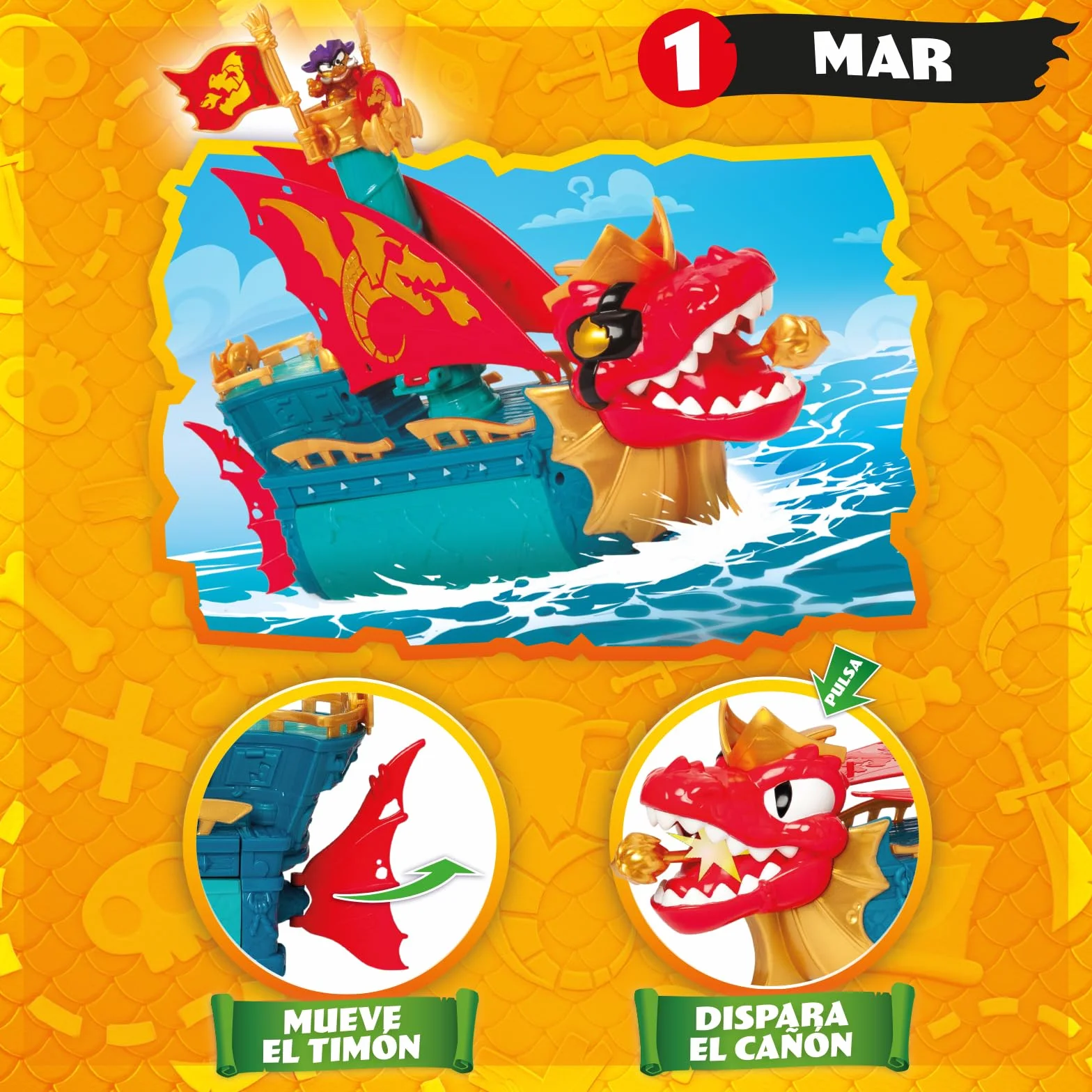 PIRATIX Dragon Ship – Barco Dragón de Piratix Todo Terreno 3 en 1: Tierra, Mar y Aire. Contiene 1 Barco Dragón, 1 Piratix Exclusivo, 1 Tesoro Exclusivo, 1 Bandera y 1 proyectil
