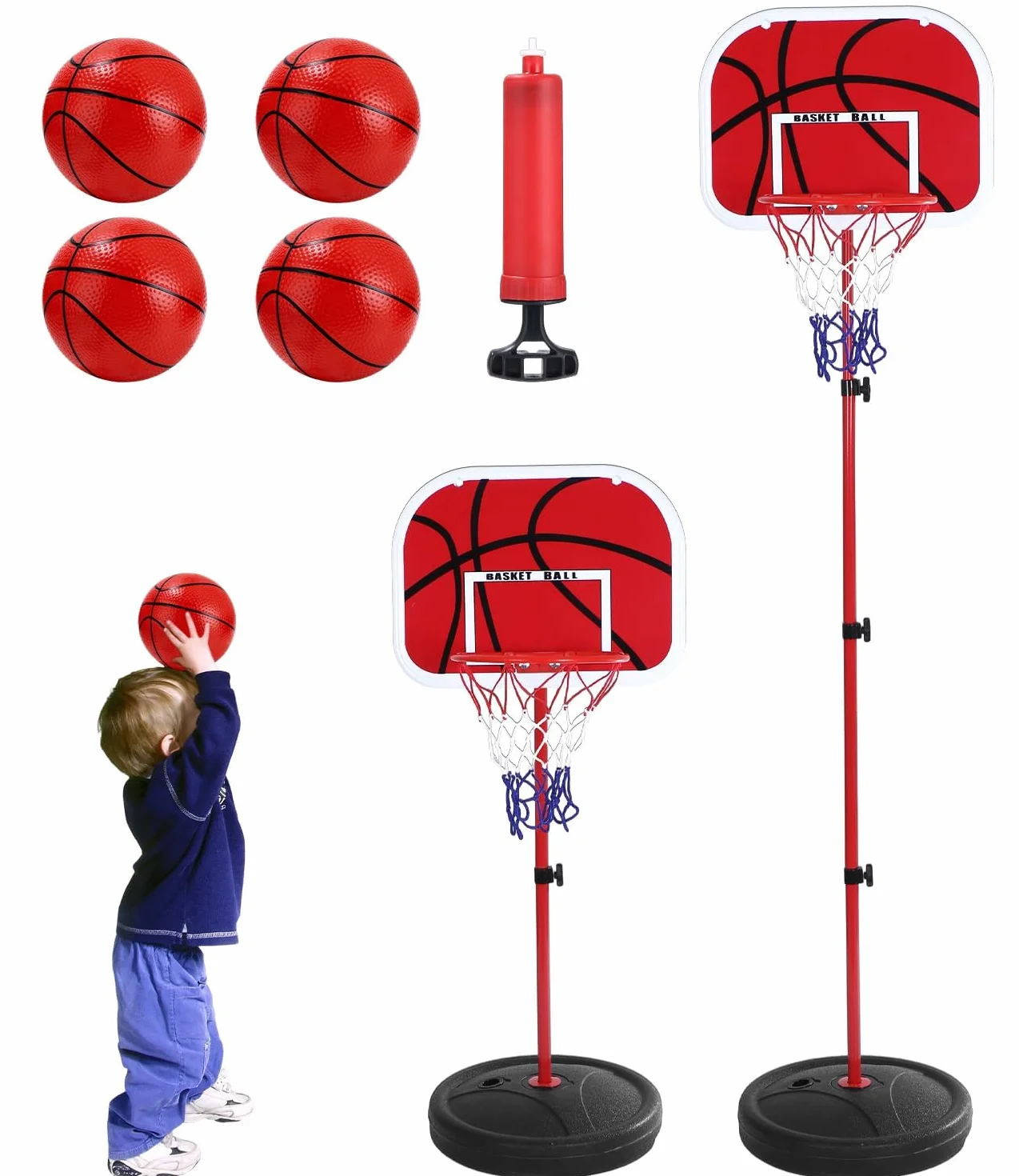 50-150cm Canasta Baloncesto Infantil, Mini Canasta Baloncesto Habitacion con 4 Pelotas De Daloncesto y Bomba, Ajustable Aro De para Interior y Exterior,Mini Juguetes Deportivos
