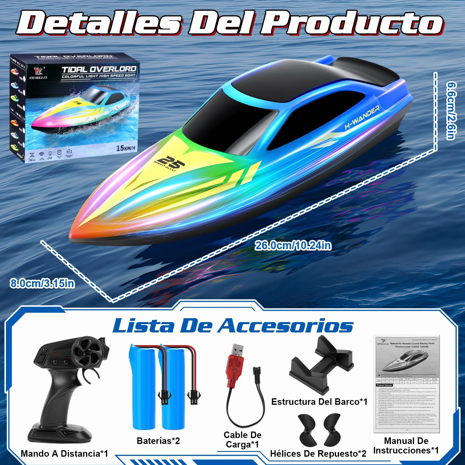 FORMIZON Barco Teledirigido, 2.4GHz Lancha Teledirigida con 7 Modos de Luces LED, 15 km/h Barco RC para Piscinas, más de 120 Minutos, Barcos Teledirigidos Juguetes de Piscina para niños (Azul)