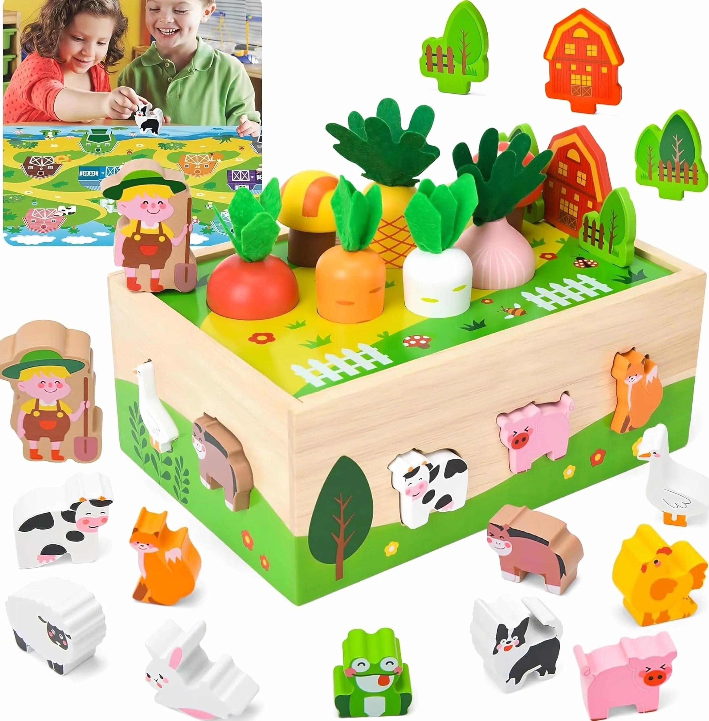 Montessori Juguete de madera para niños de 1, 2 y 3 años, juego de granja con animales y verduras, regalo para niñas y niños