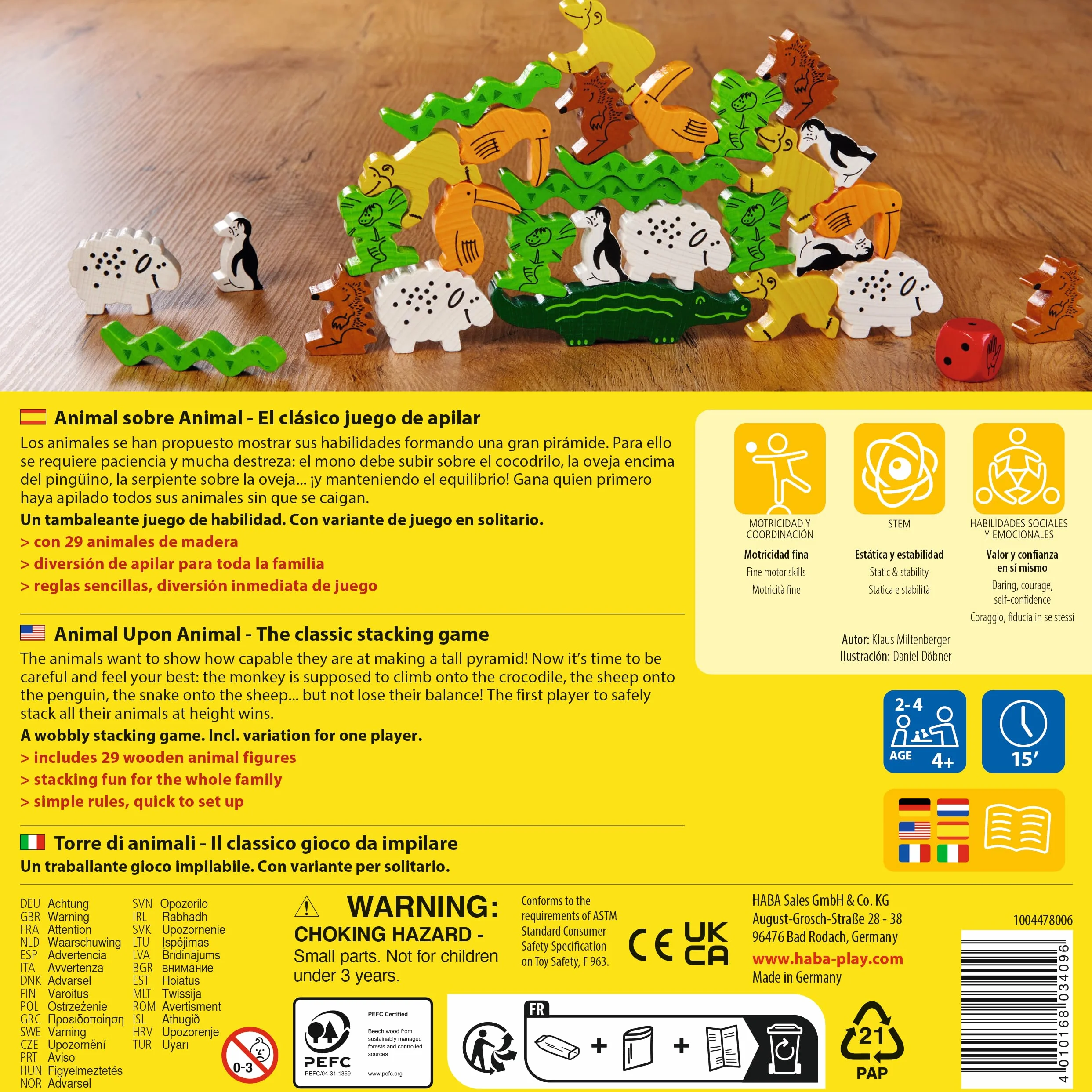 HABA 3409 Animal sobre Animal, Juego Infantil de Mesa de Habilidad y apilamiento. Más 4 años