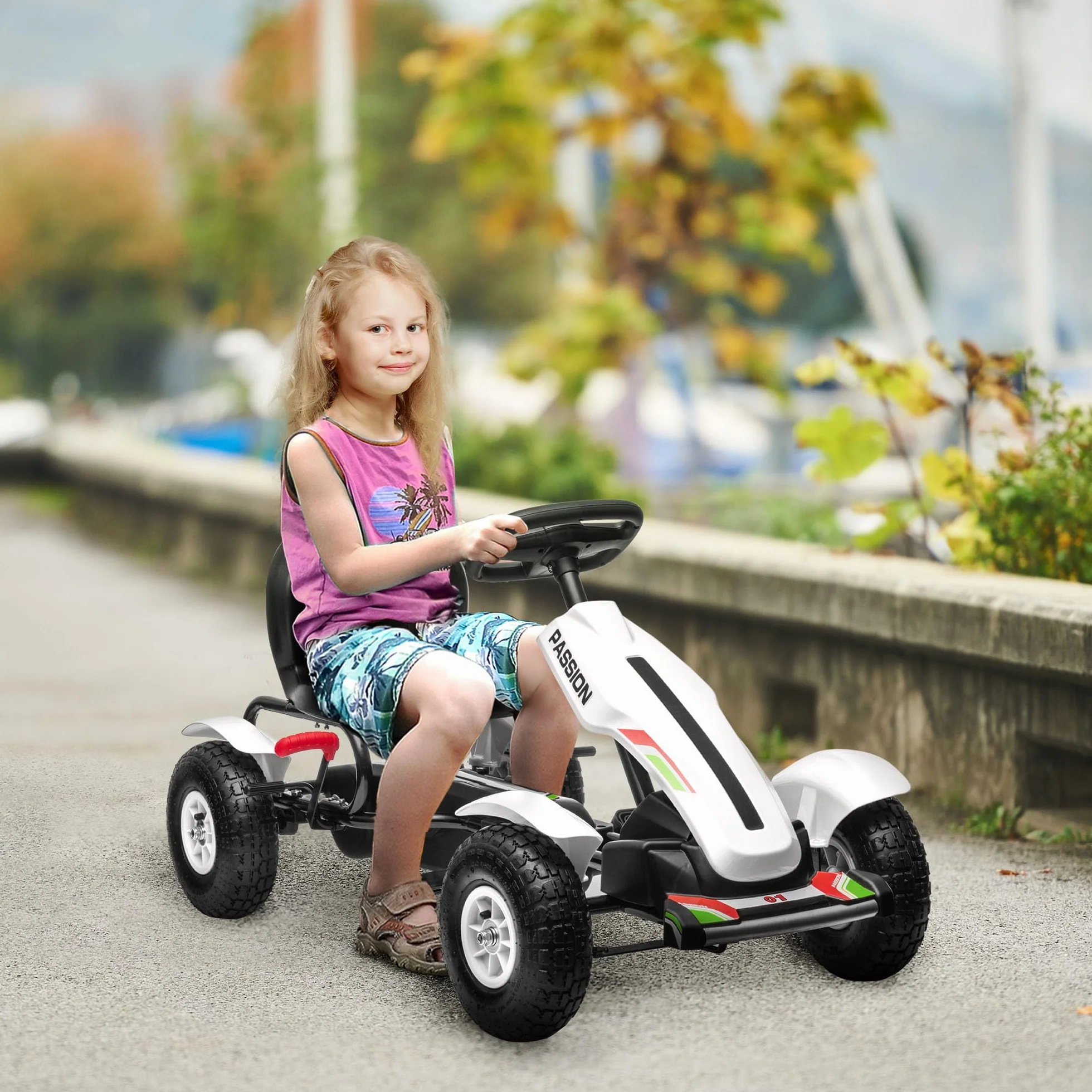 HOMCOM Go Kart a Pedales para Niños de +5 Años Coche de Pedales Infantil con Asiento Ajustable Neumáticos de Goma Freno de Mano para Niños y Niñas Carga 50 kg 121x58x61 cm Blanco