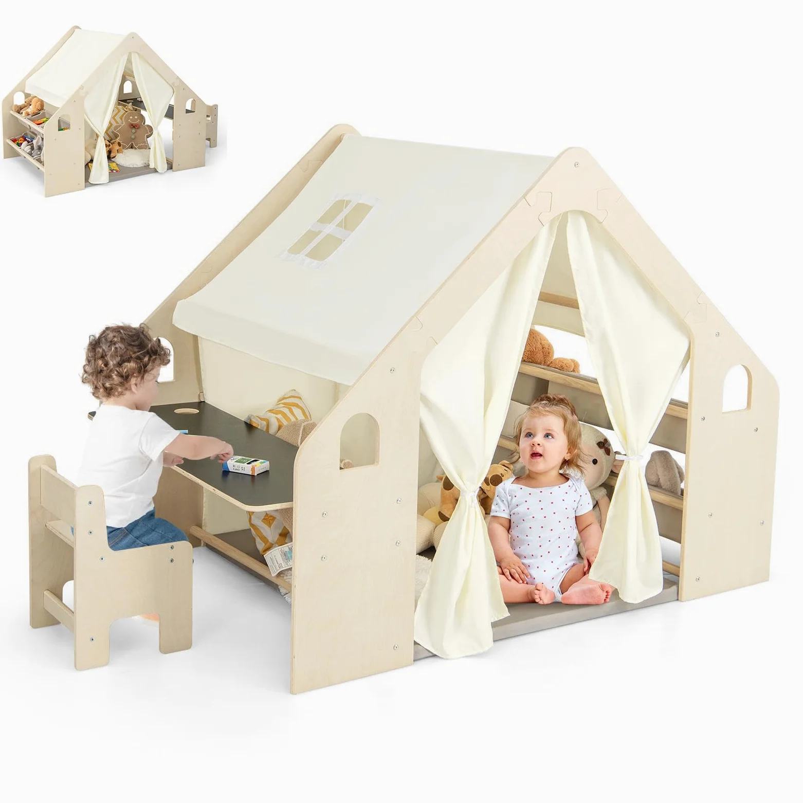 HOMASIS 5 en 1 Tienda de Campaña Infantil con Mesa y Silla, Tipi Infantil con Alfombrilla y Pizarra y Caja de Almacenamiento y Caja de tizas, para Niños de 2-6 Años (con 6 Caja)