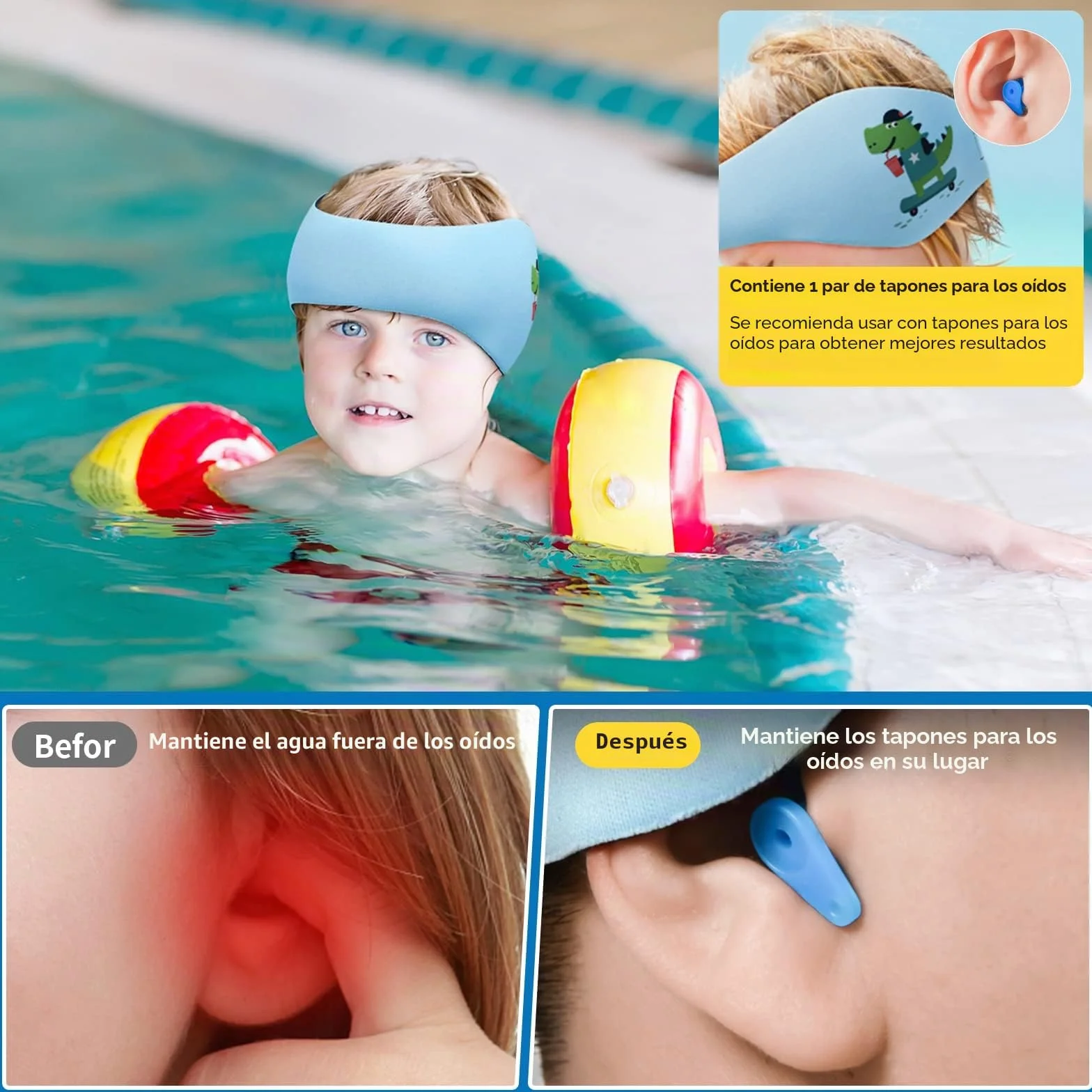 Diadema de Natación Banda de Neopreno Elástica para Niños con Patrón Animal Lindo (Azul, M)