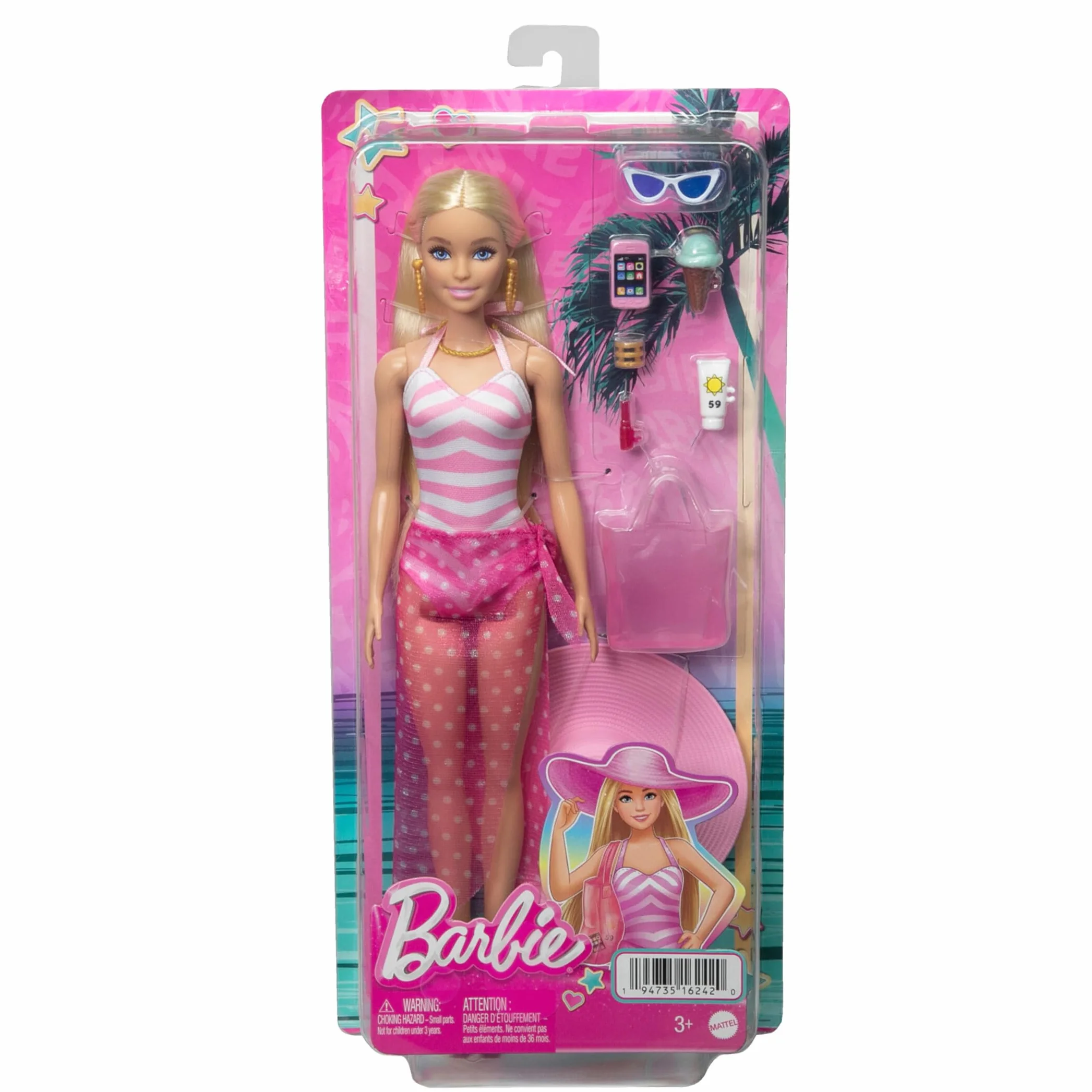 Barbie Muñeca Rubia con Traje de baño Rosa y Blanco, Sombrero, Bolso y Accesorios de Playa +3 años, HPL73