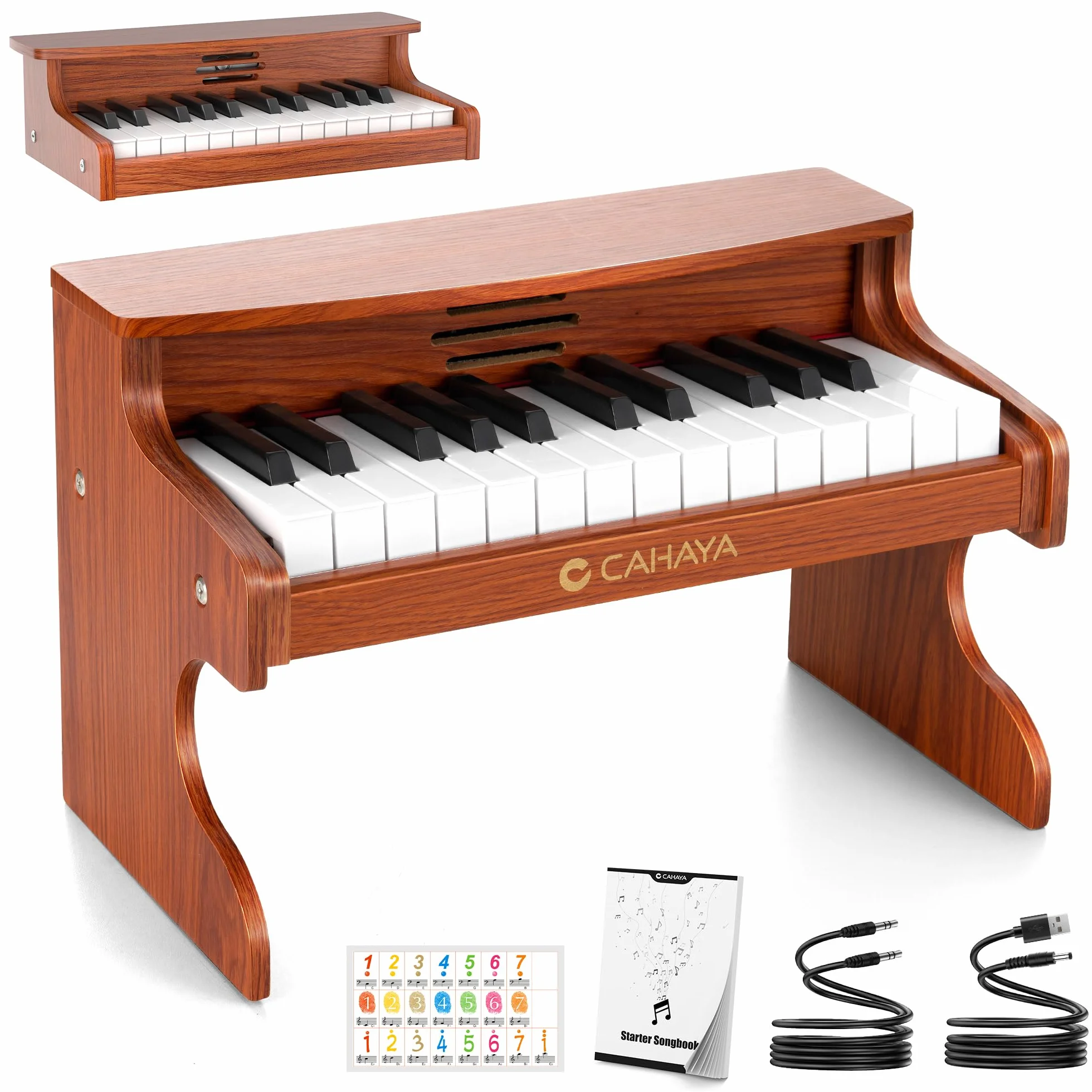 CAHAYA Piano Infantil de 25 Teclas - Piano Eléctrico para Niños de Madera con Partituras de Pianos y Pegatinas Indicadoras de Notas El Regalo Ideal para Jóvenes Músicos