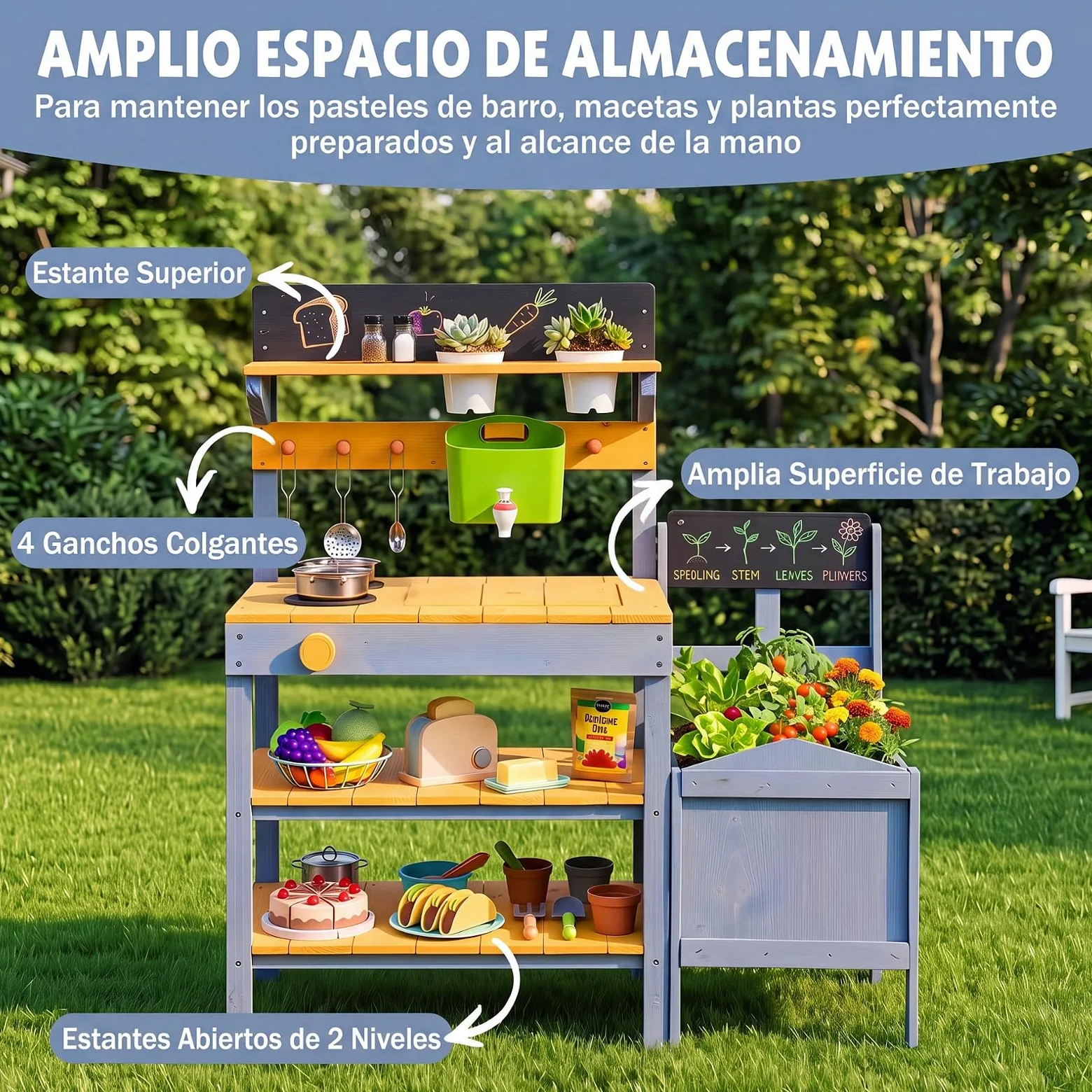 COSTWAY Cocina de Barro Exterior para Niños, Cocinita de Madera Infantil | con Jardinería, Estantes, Pizarras, Fregadero, Depósito de Agua, Macetas, Sartén, Juego de Rol para 3+ Años
