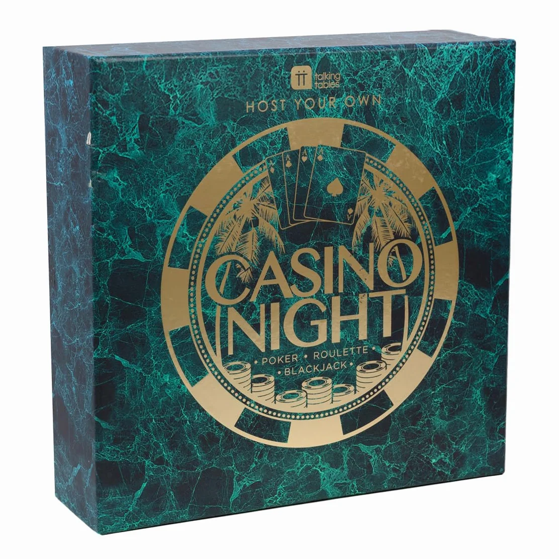 Talking Tables Kit de Casino Noche Poker, Blackjack, Ruleta | Tapete, Fichas, Dinero, Bolas, Cartas, Stick Crupier | Regalo para Adultos