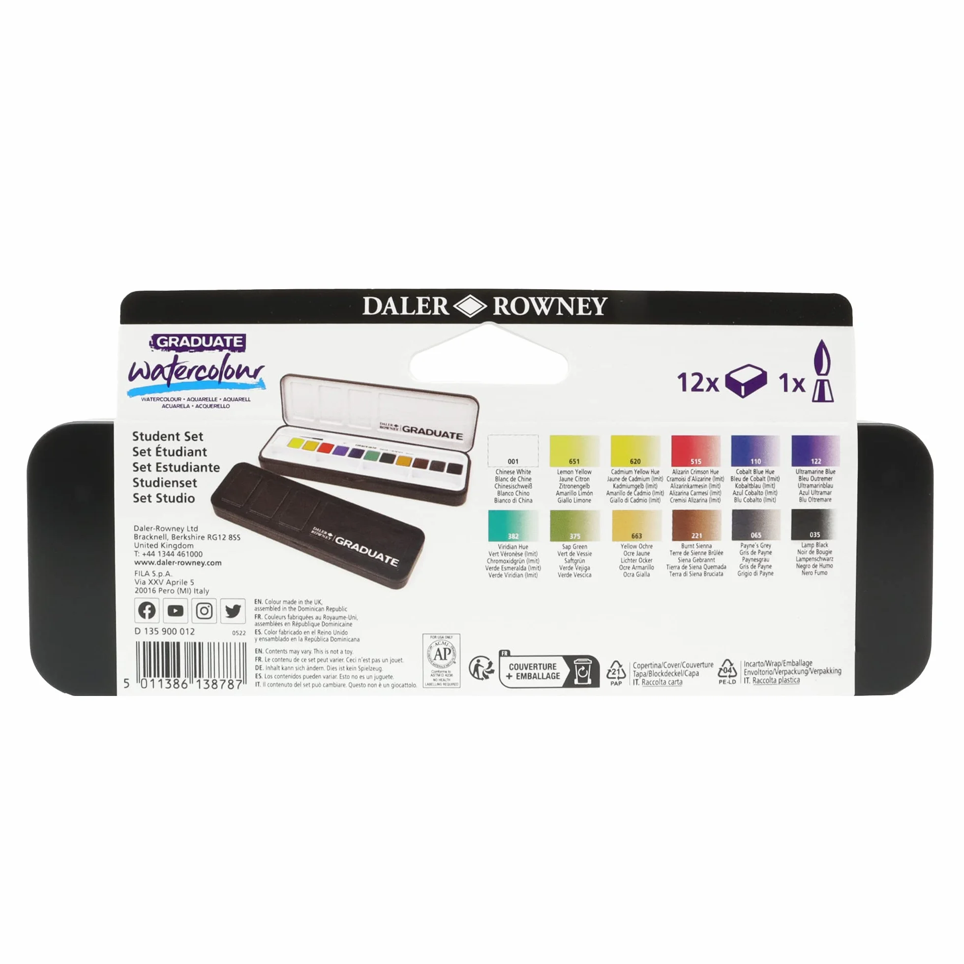 Daler-Rowney Graduate Acuarelas Profesionales, Set de Acuarelas 12 Colores con Pincel, Kit Acuarela Portátil en Caja Metálica, Estuche para Estudiantes, Artistas y Manualidades