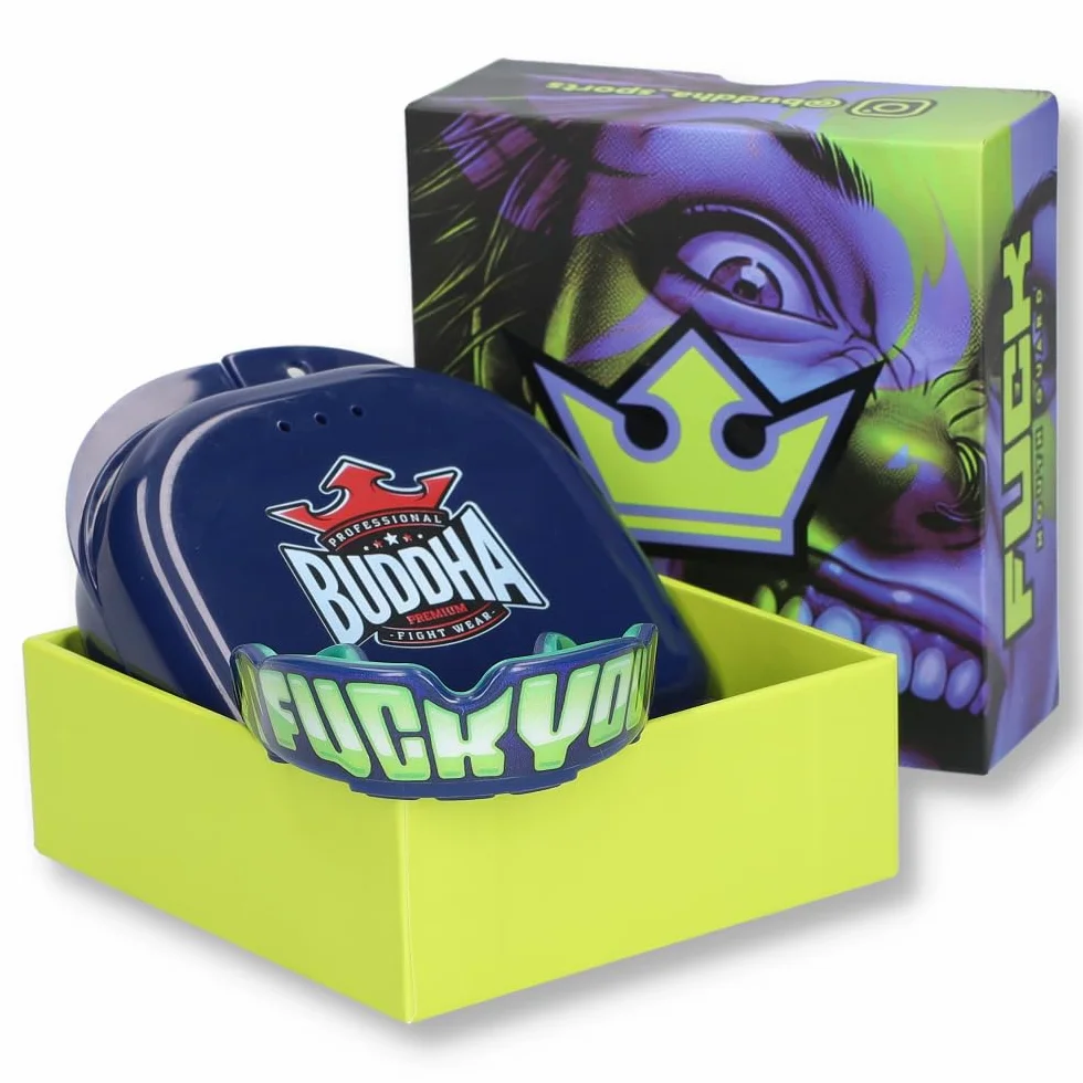 BUDDHA FIGHT WEAR Protector bucal Premium adultos y niños +12 Años para deportes de contacto rugby MMA kickboxing judo hockey boxeo Azul-Amarillo