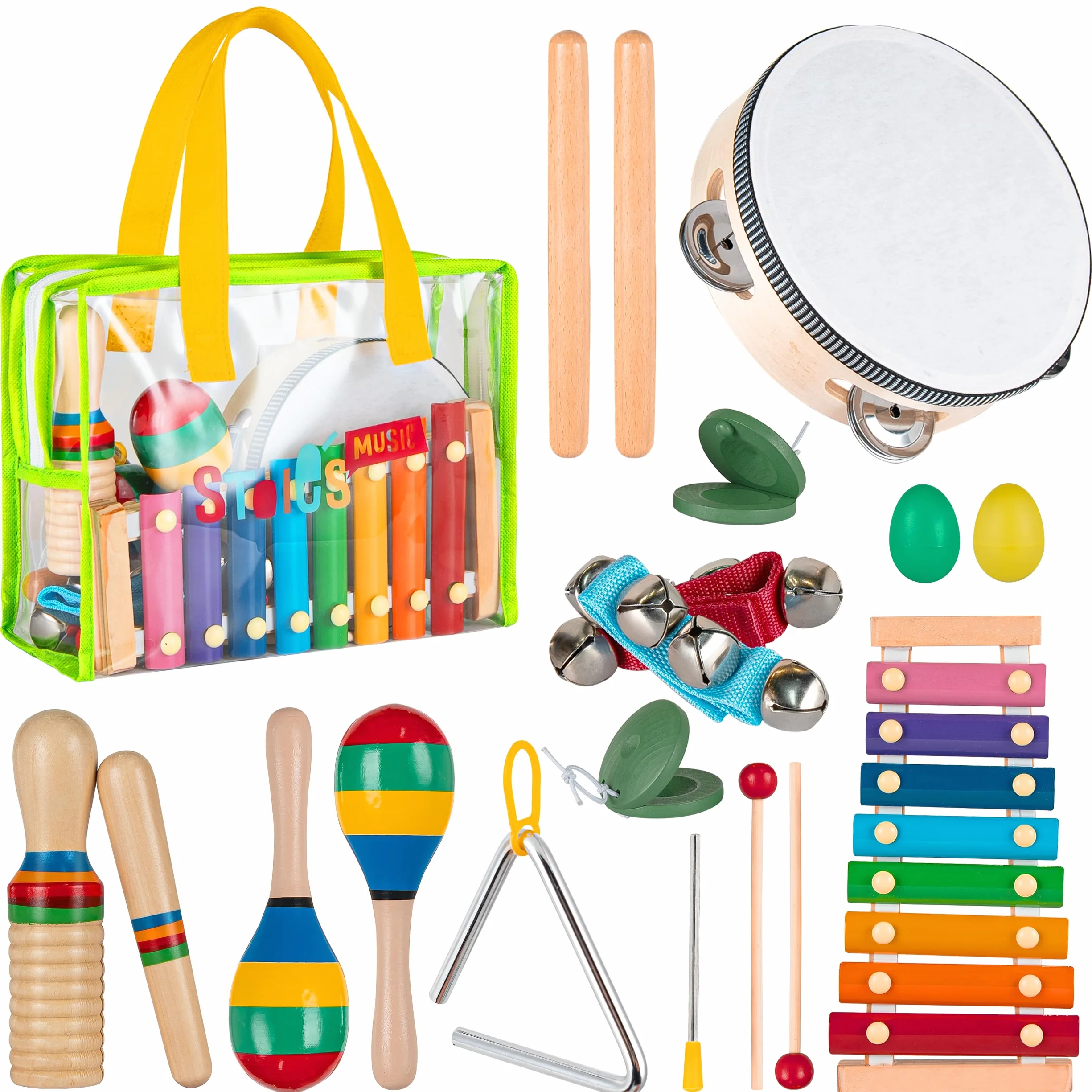 Stoie’s Set de Instrumentos Musicales para Niños – Instrumentos de percusión de Madera para niños de 1 a 3 años, xilófono, pandereta, Maracas, Juguetes Musicales para niños de 3 a 5 años