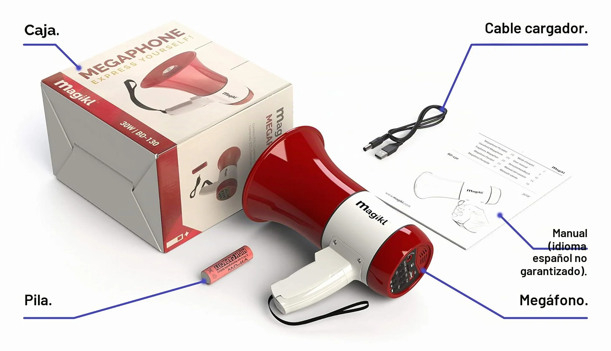 Megáfono Portátil con Sirena, Reproductor MP3, Grabador, Batería Recargable USB