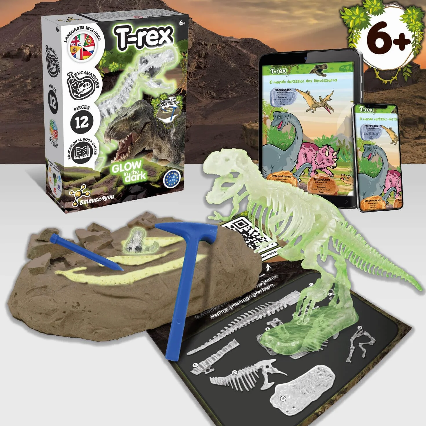 Science4you T-Rex Excavaciones Fósiles para Niños - Excava y Encuentra Dinosaurios Que Brillan en la Oscuridad, Juguetes Regalos 6+ Años