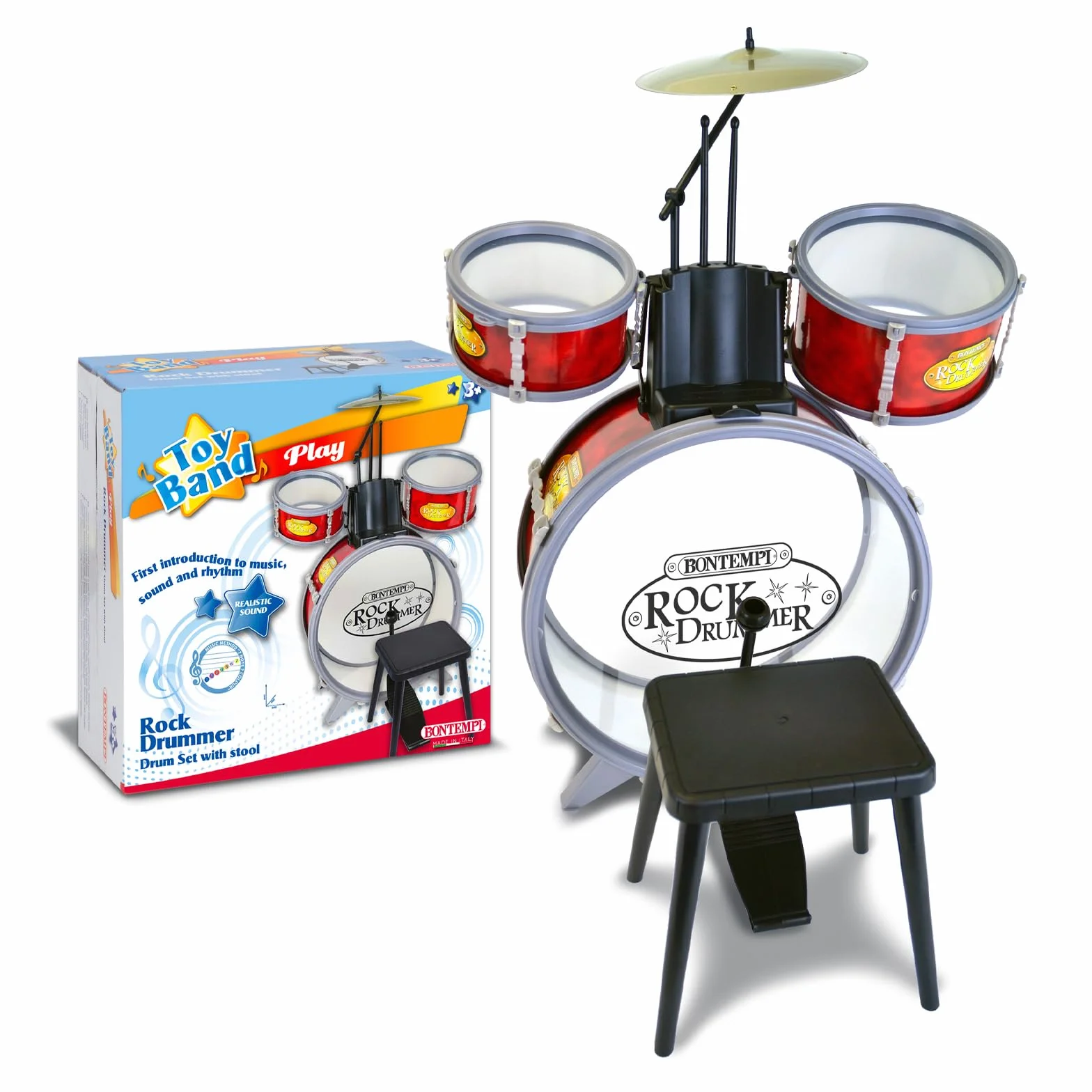Bontempi BeatMaster: Batería para niños con sonidos realistas y mucha diversión, rojo y transparente, 500x500x680 mm