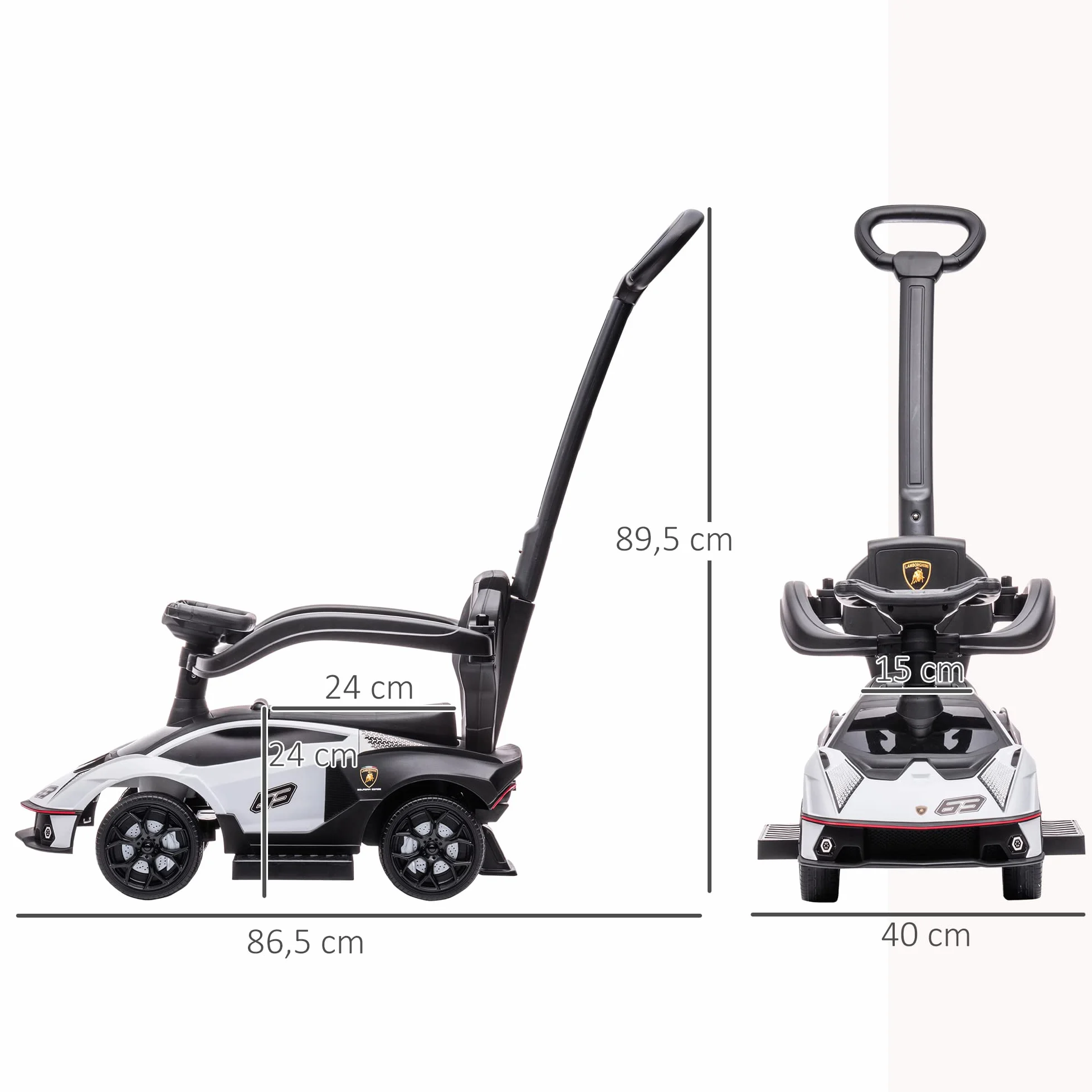 AIYAPLAY 2 en 1 Coche Correpasillos para Niños 12-36 Meses Lamborghini Essenza SCV12 Andador Empujador con Bocina Mango de Empuje y Barandilla Extraíbles 86,5x40x89,5 cm Blanco y Negro