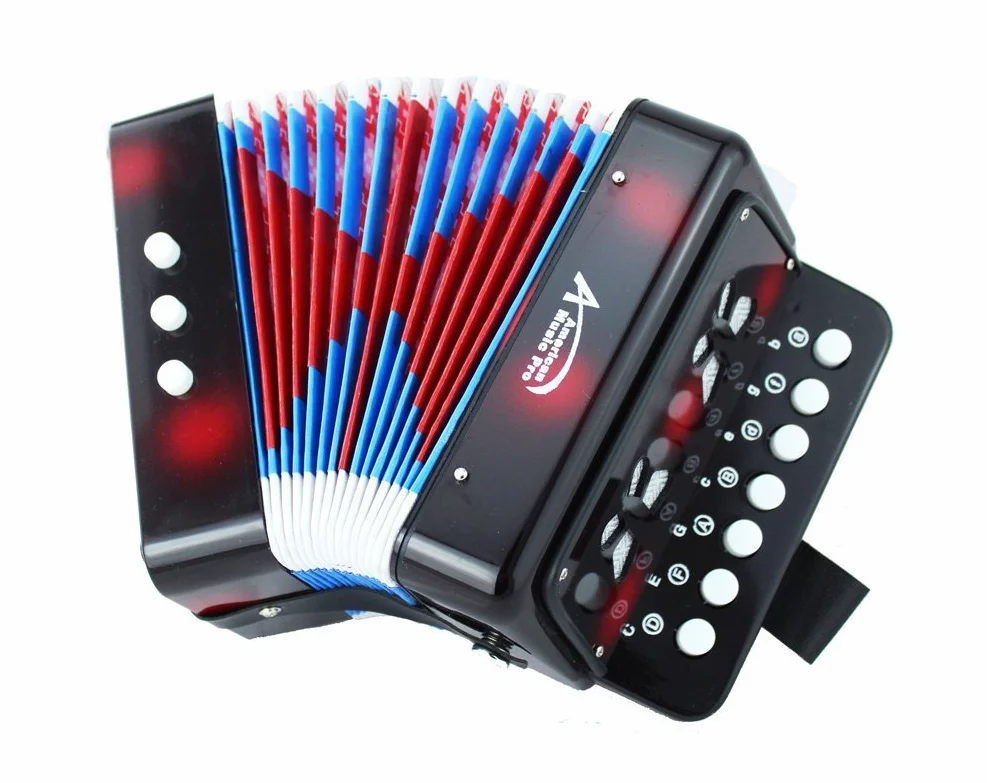 Instrumentos de teclado de juguete de acordeón con botones para niños con 7 teclas de agudos, 3 válvulas de aire, correa de mano, juguete musical (negro)