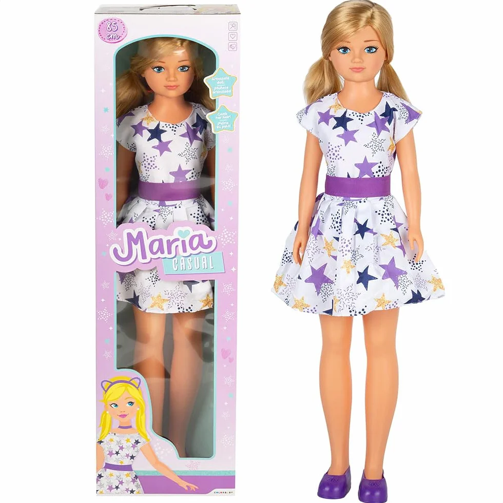 ColorBaby - Muñeca María Grande articulada, 85 cm, Pelo Rubio y Largo, para peinar, Piernas y Brazos articulados, Vestido Estrellas, Ropa con Velcro, Juguetes niños 3 años (47699)