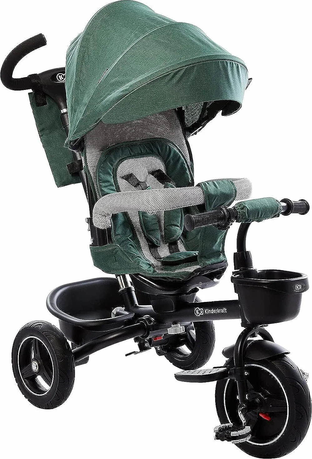 Kinderkraft SPINSTEP Triciclo Evolutivo Bebé 5 en 1 de 9 Meses a 5 Años, Bicicleta para niños, Plegable y reclinable, Capota Impermeable con Filtro UPF 50+, Asiento Giratorio 360 Grados, Verde
