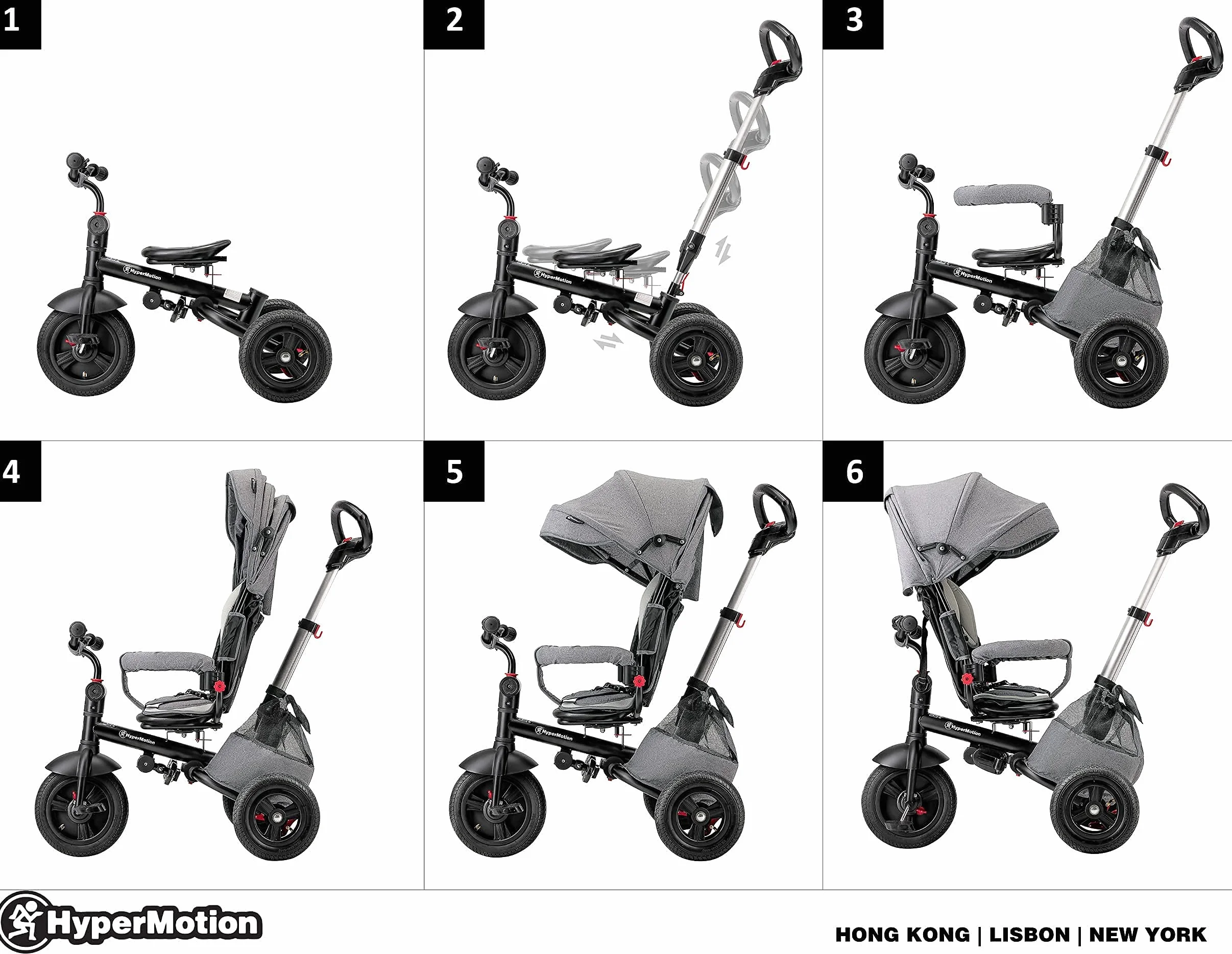 HyperMotion Triciclo Infantil 3 en 1 - Coche para Bebé con Asiento Giratorio y Cubierta de Lluvia - Triciclo Evolutivo 12 Meses a 5 Años, Plegable, Ruedas Bombeadas, 25kg, Gris