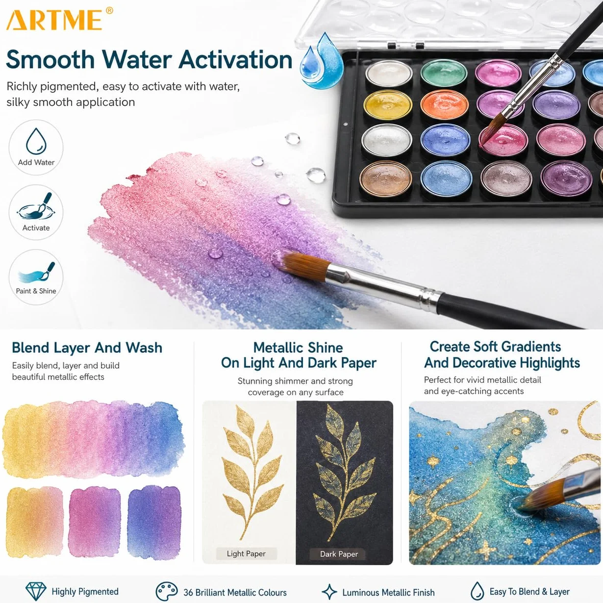 Artme Acuarelas/Paletas metálicas para pasteles de pintura de acuarela con un pincel de artista, 36 colores vibrantes