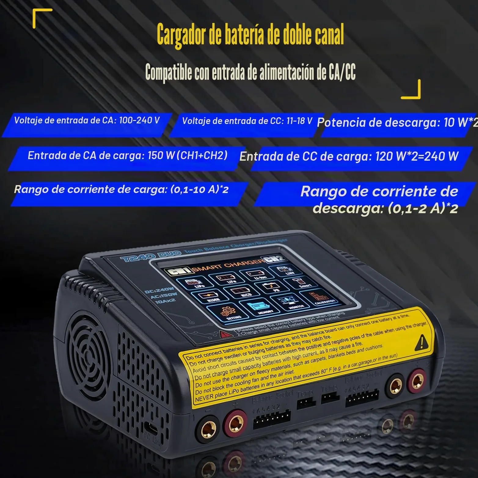 Cargador baterias Coche con equilibrador batería Cargador Dual CC/CA 11-18V 240W CA 100-240V 150W Detección Auto LiPo/Lilon/Life/NiMH/Ni/PB/NiMH Pantalla táctil LCD de 3,2 Pulgadas 10A (T240)