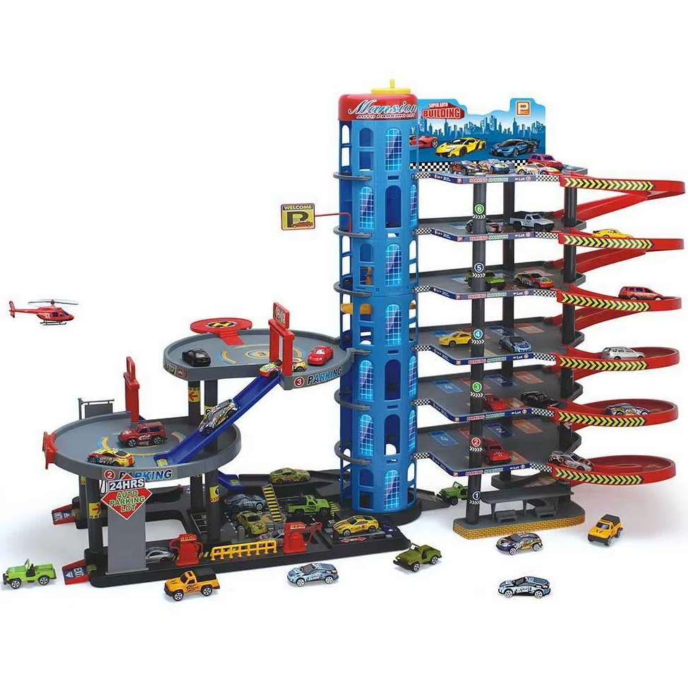 Bakaji Garaje gigante juguete para niños con 6 pisos, rampas de tobogán ascensor Pitstop y lavado de automóviles incluidos 10 coches + helicóptero tamaño 92 x 46 x 71 cm