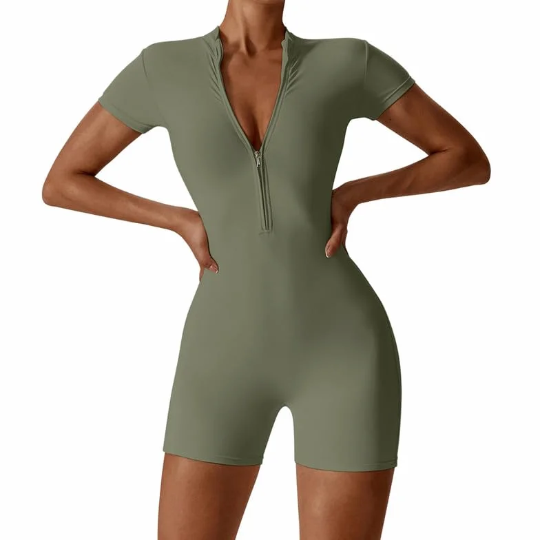 Litthing Mono Deportivo Mujer Corto Cremallera Elásticos Mangas Cortas Jumpsuit Sexy Ajustado Bodysuit Una Pieza Push Up Fitness Body Overol