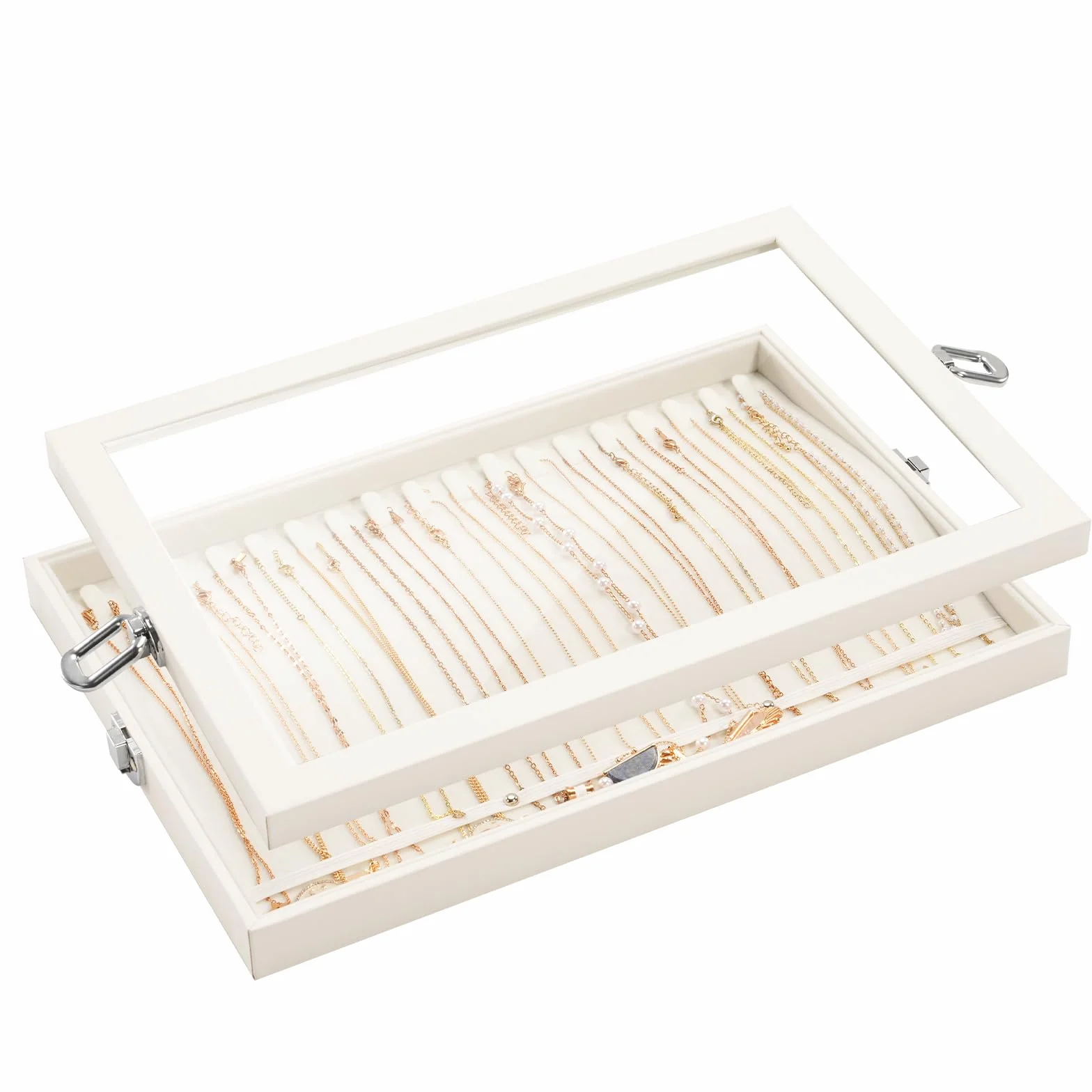 Lolalet Bandeja Organizadora para Collares con Tapa, 18 ganchos para Joyas Caja de Almacenamiento para Cajón -Beige