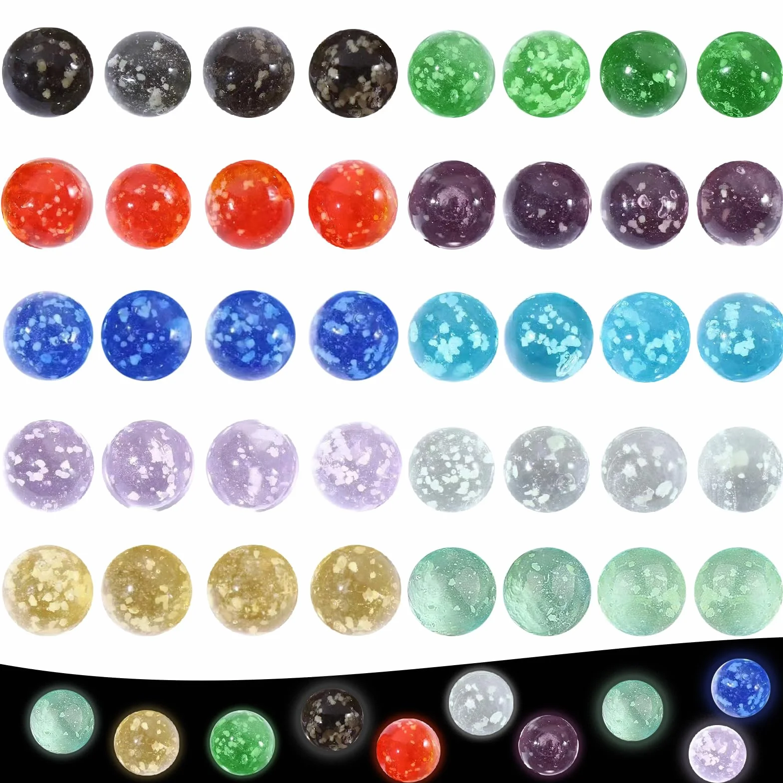 40 Canicas de Vidrio, 16mm Canicas Que Brillan en la Oscuridad, Diez Colores, Adecuado para Juegos Infantiles con canicas