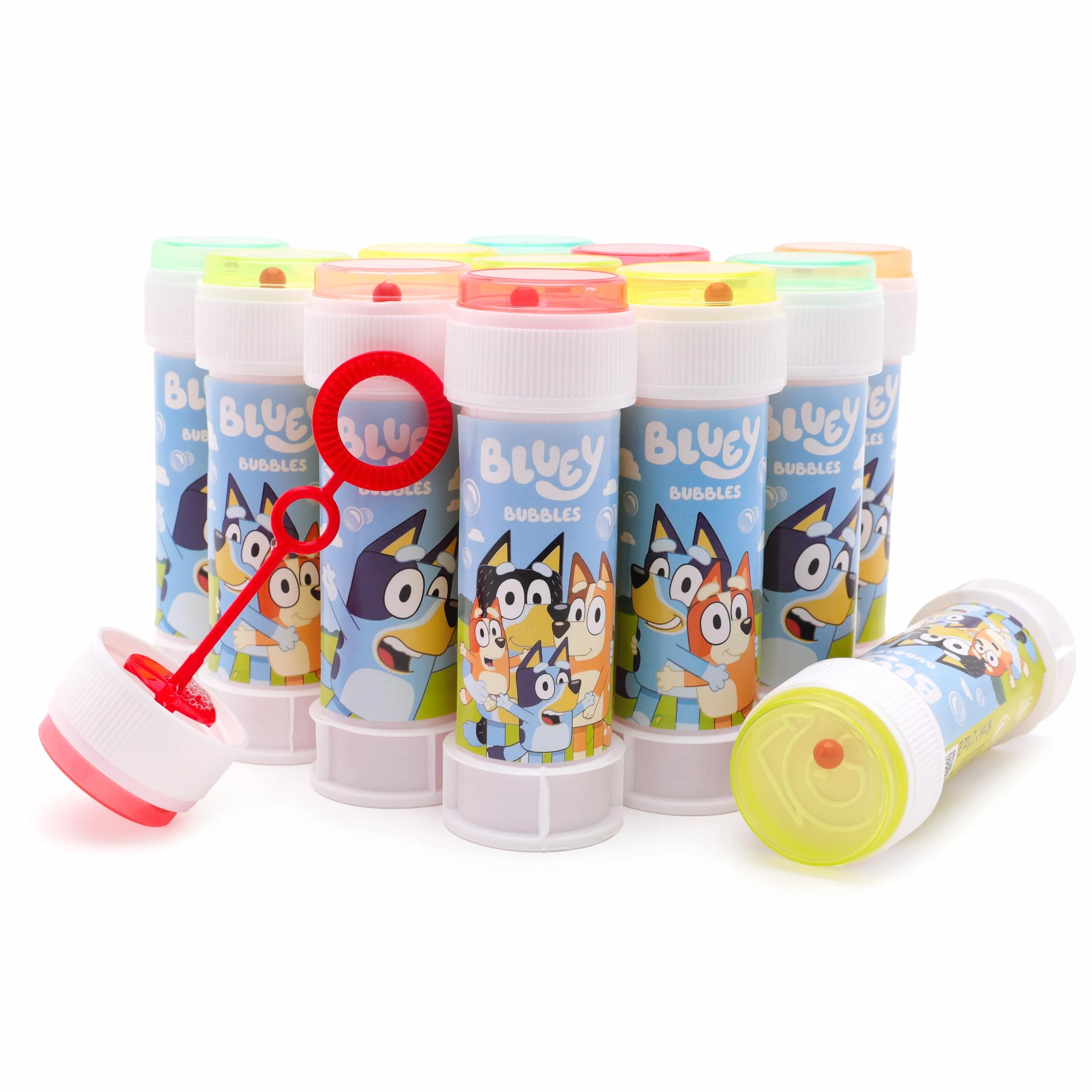 Toyland® Pack de 12 Bluey Botes de Burbujas con Varitas, Solución de 60ml y Tapa de Laberinto Novedosa - Juguetes para bolsitas de Fiesta y Dinero de Bolsillo